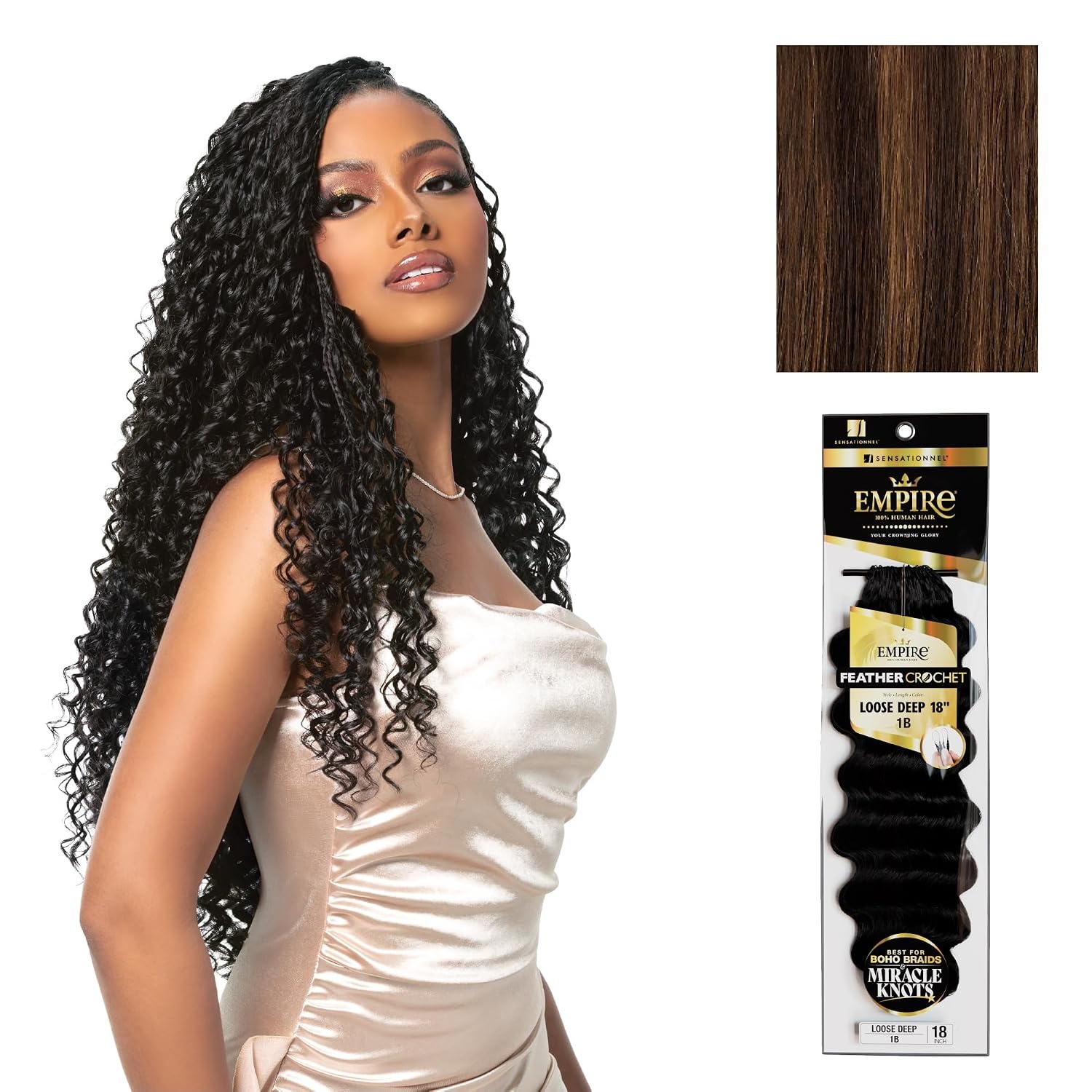 image:imageSensationnel Empire Feather Crochet Braiding Hair Loose Deep Human Hair for Boho Braids and Miracle Knots Pre Separated 50 strands 14 inch 1 JETBLACKS430