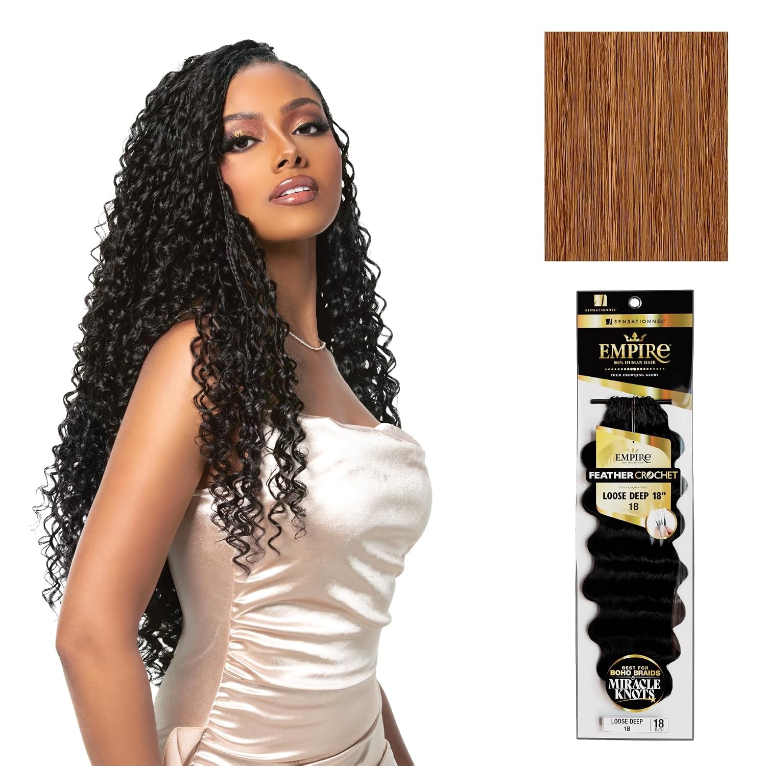 image:imageSensationnel Empire Feather Crochet Braiding Hair Loose Deep Human Hair for Boho Braids and Miracle Knots Pre Separated 50 strands 14 inch 1 JETBLACK30 LIGHTAUBURN