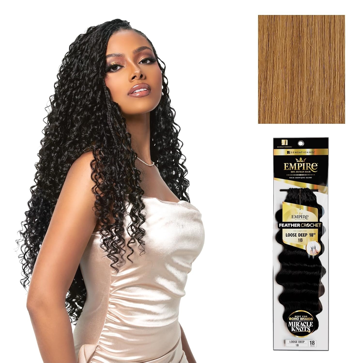 image:imageSensationnel Empire Feather Crochet Braiding Hair Loose Deep Human Hair for Boho Braids and Miracle Knots Pre Separated 50 strands 14 inch 1 JETBLACK27 HONEYBLONDE