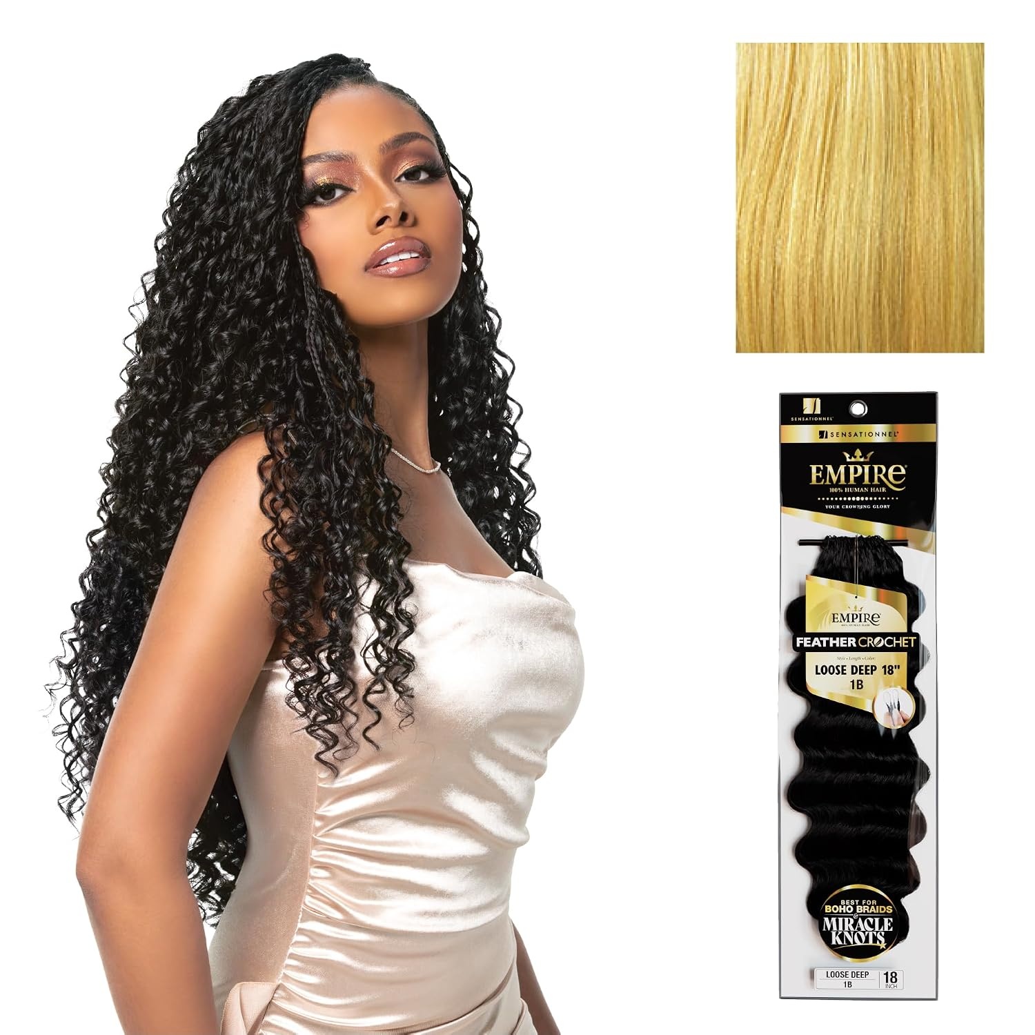 image:imageSensationnel Empire Feather Crochet Braiding Hair Loose Deep Human Hair for Boho Braids and Miracle Knots Pre Separated 50 strands 14 inch 1 JETBLACKS27613