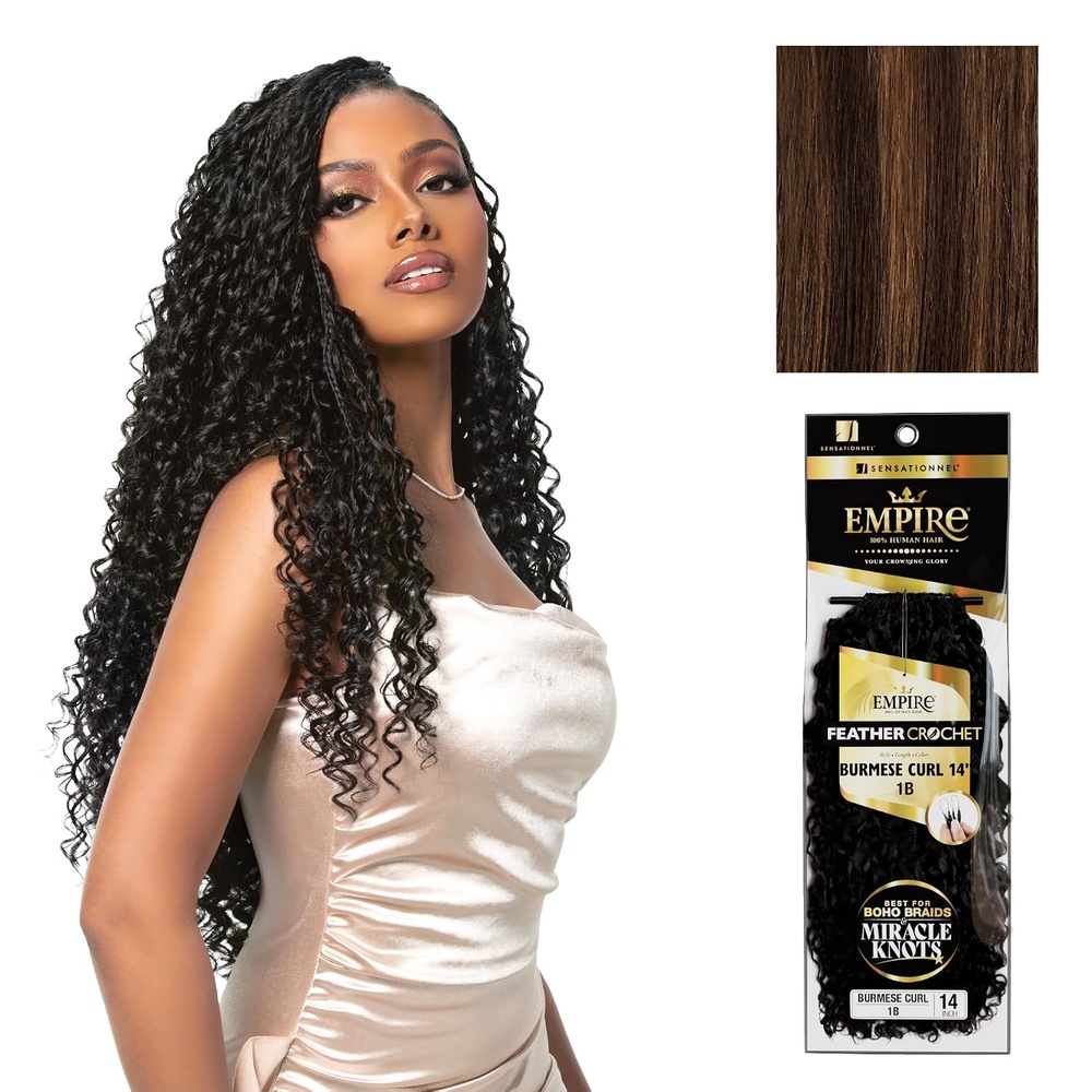 image:imageSensationnel Empire Feather Crochet Braiding Hair Burmese Curl Human Hair for Boho Braids and Miracle Knots Pre Separated 50 strands 14 inch 1 JETBLACKS430