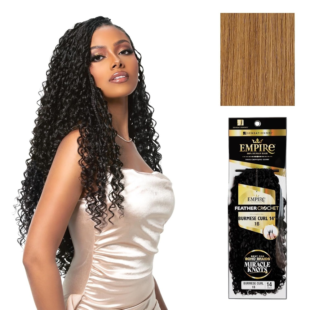 image:imageSensationnel Empire Feather Crochet Braiding Hair Burmese Curl Human Hair for Boho Braids and Miracle Knots Pre Separated 50 strands 14 inch 1 JETBLACK27 HONEYBLONDE