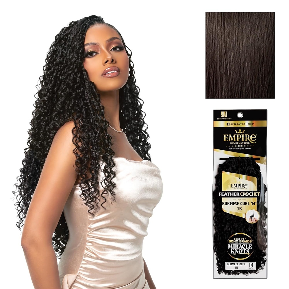 image:imageSensationnel Empire Feather Crochet Braiding Hair Burmese Curl Human Hair for Boho Braids and Miracle Knots Pre Separated 50 strands 14 inch 1 JETBLACK2 DARKBROWN