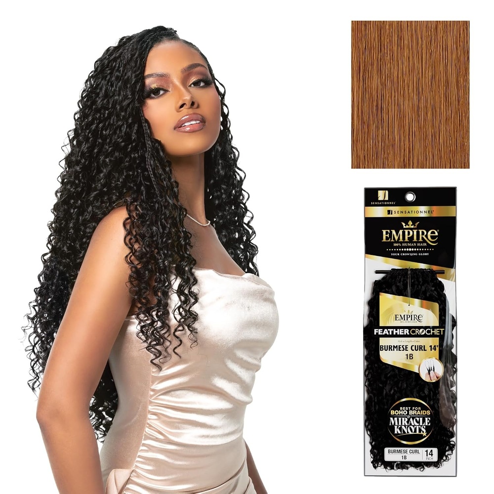 image:imageSensationnel Empire Feather Crochet Braiding Hair Burmese Curl Human Hair for Boho Braids and Miracle Knots Pre Separated 50 strands 14 inch 1 JETBLACK30 LIGHTAUBURN