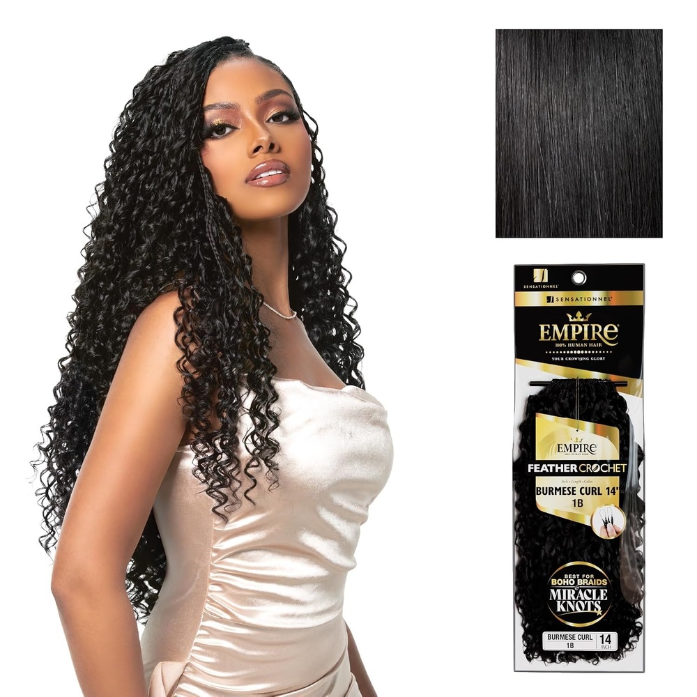 image:imageSensationnel Empire Feather Crochet Braiding Hair Burmese Curl Human Hair for Boho Braids and Miracle Knots Pre Separated 50 strands 14 inch 1 JETBLACK1 JETBLACK