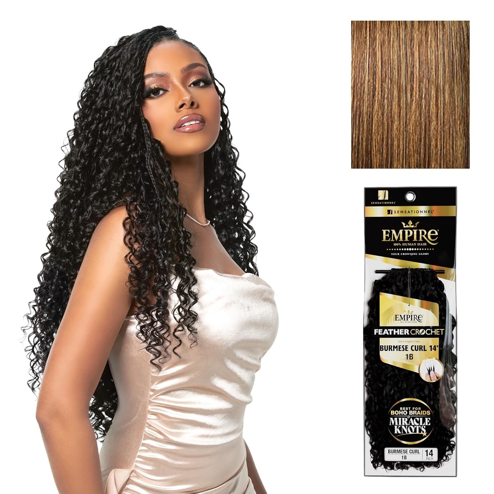 image:imageSensationnel Empire Feather Crochet Braiding Hair Burmese Curl Human Hair for Boho Braids and Miracle Knots Pre Separated 50 strands 14 inch 1 JETBLACKS427