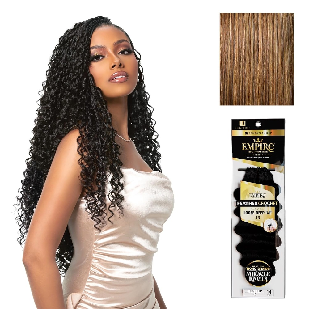 image:imageSensationnel Empire Feather Crochet Braiding Hair Loose Deep Human Hair for Boho Braids and Miracle Knots Pre Separated 50 strands 14 inch 1 JETBLACKS427
