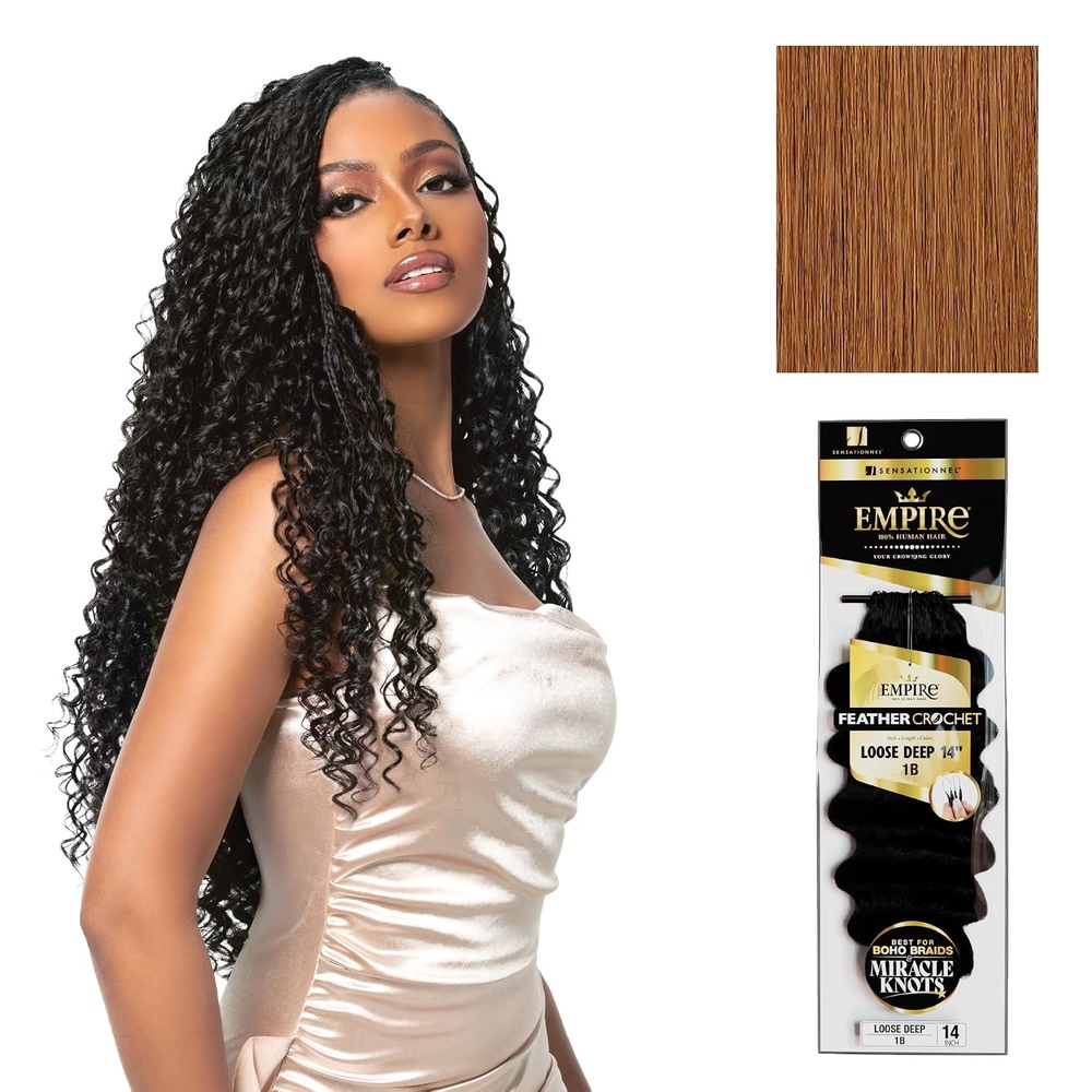 image:imageSensationnel Empire Feather Crochet Braiding Hair Loose Deep Human Hair for Boho Braids and Miracle Knots Pre Separated 50 strands 14 inch 1 JETBLACK30 LIGHTAUBURN