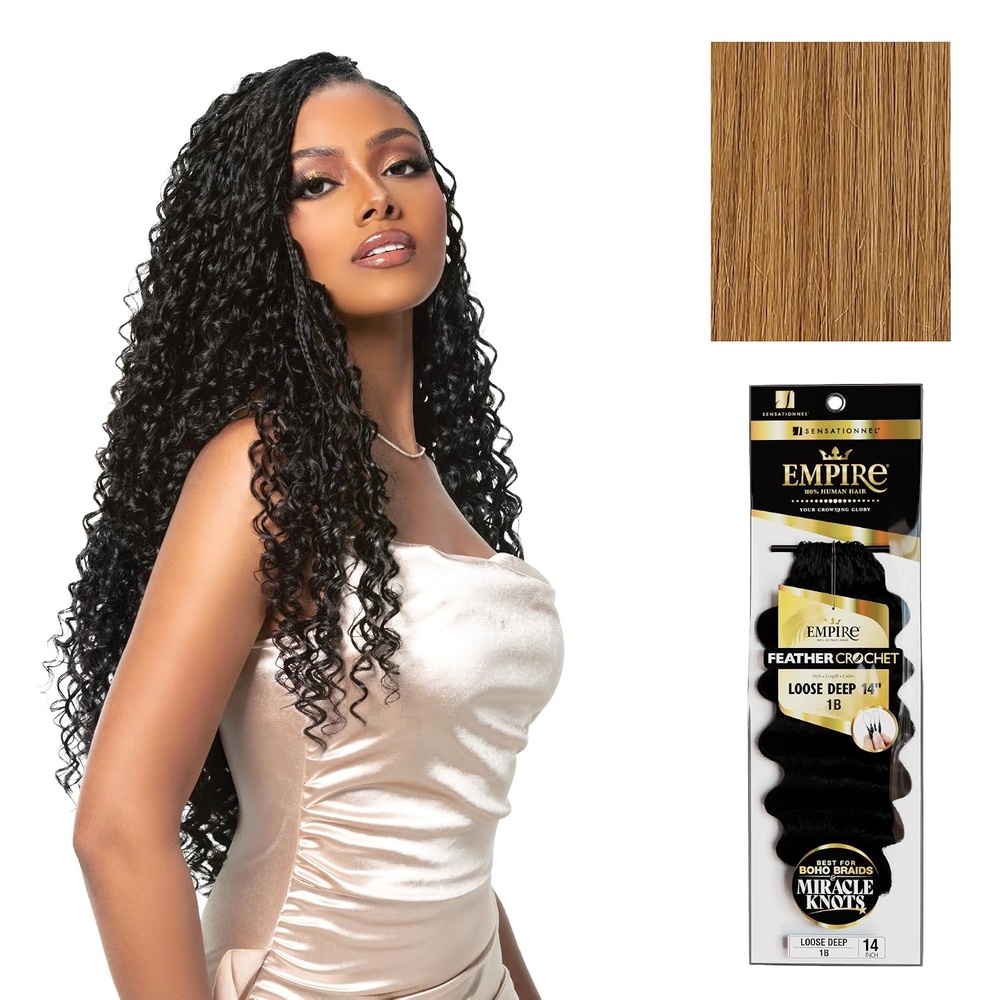 image:imageSensationnel Empire Feather Crochet Braiding Hair Loose Deep Human Hair for Boho Braids and Miracle Knots Pre Separated 50 strands 14 inch 1 JETBLACK27 HONEYBLONDE