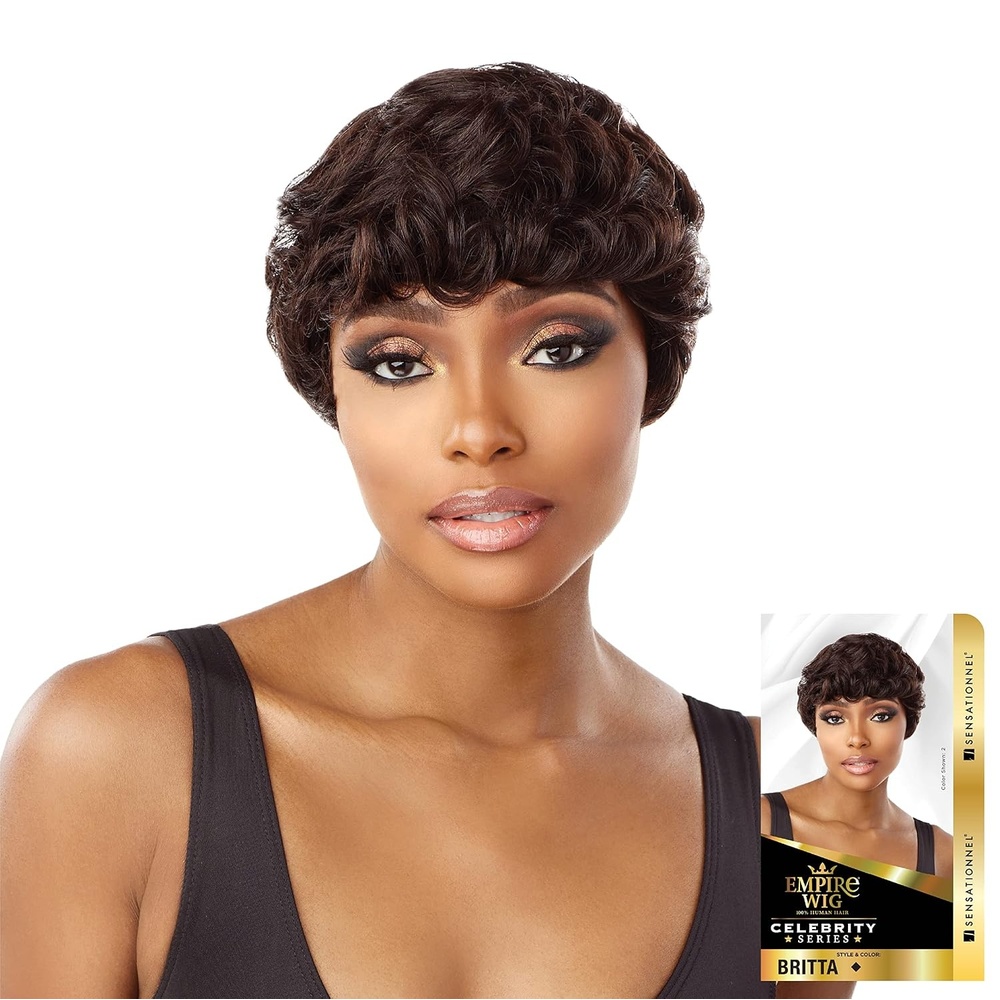 image:imageSensationnel Empire Human Hair Wig Britta Celebrity Inspired Collections PreStyled Salon Cut Hair 1 JETBLACKTopBottom Mix DarkBrown LightAuburn T230