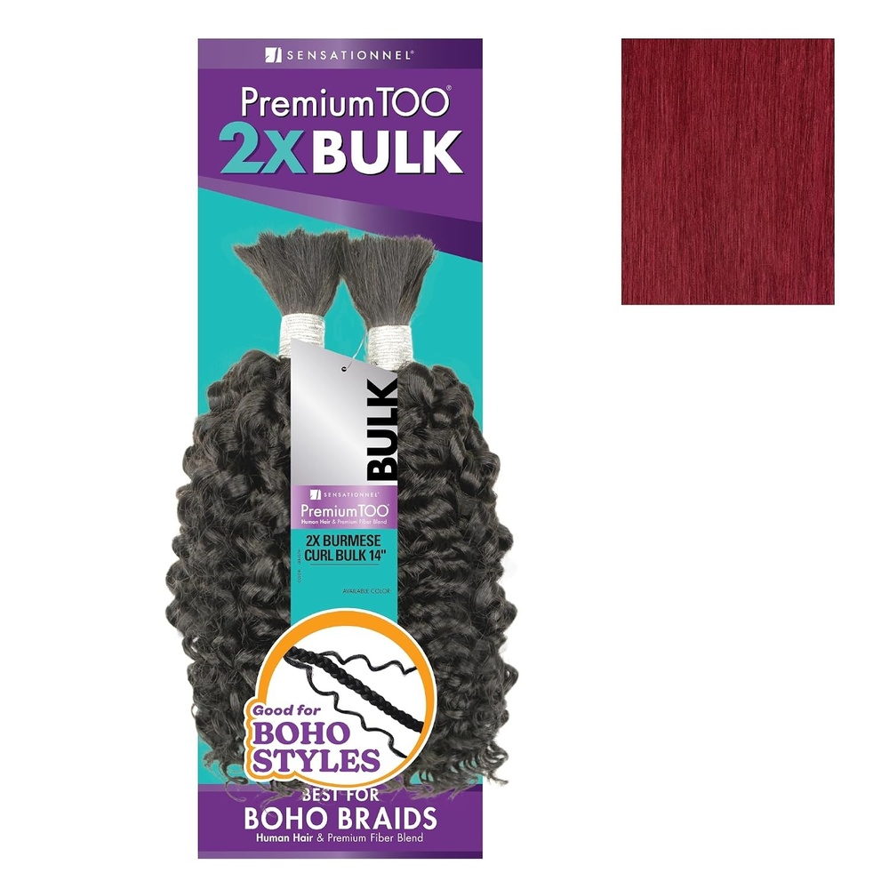 image:imageSensationnel PremToo Bulk Weaving  2X Burmese Curl Human Hair Blend for Boho Knotless Box or Curly Loose Wave Styles 14 inch 1 JETBLACKBG BURGUNDY