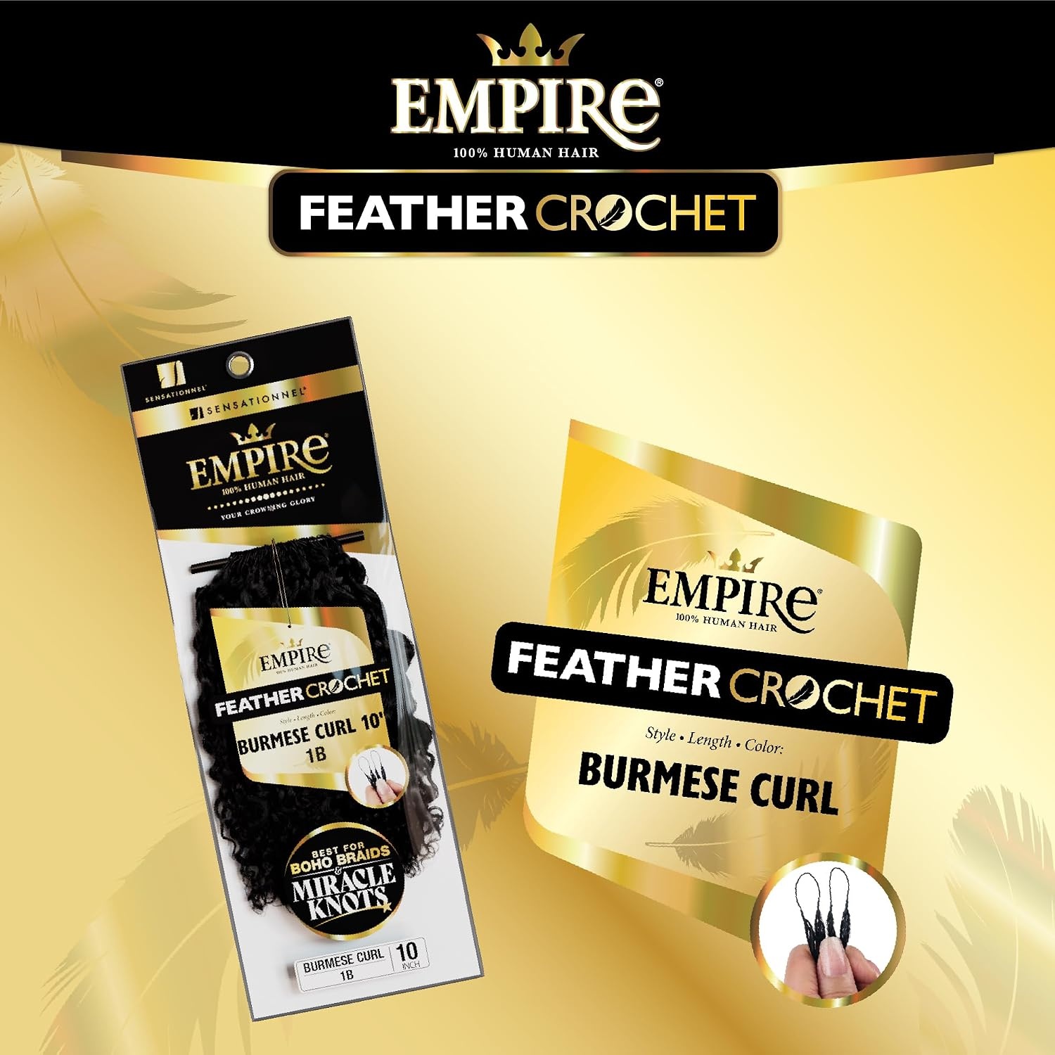 image:imageSensationnel Empire Feather Crochet Braiding Hair Burmese Curl Human Hair for Boho Braids and Miracle Knots Pre Separated 50 strands 10 inch 1 JETBLACK2 DARKBROWN