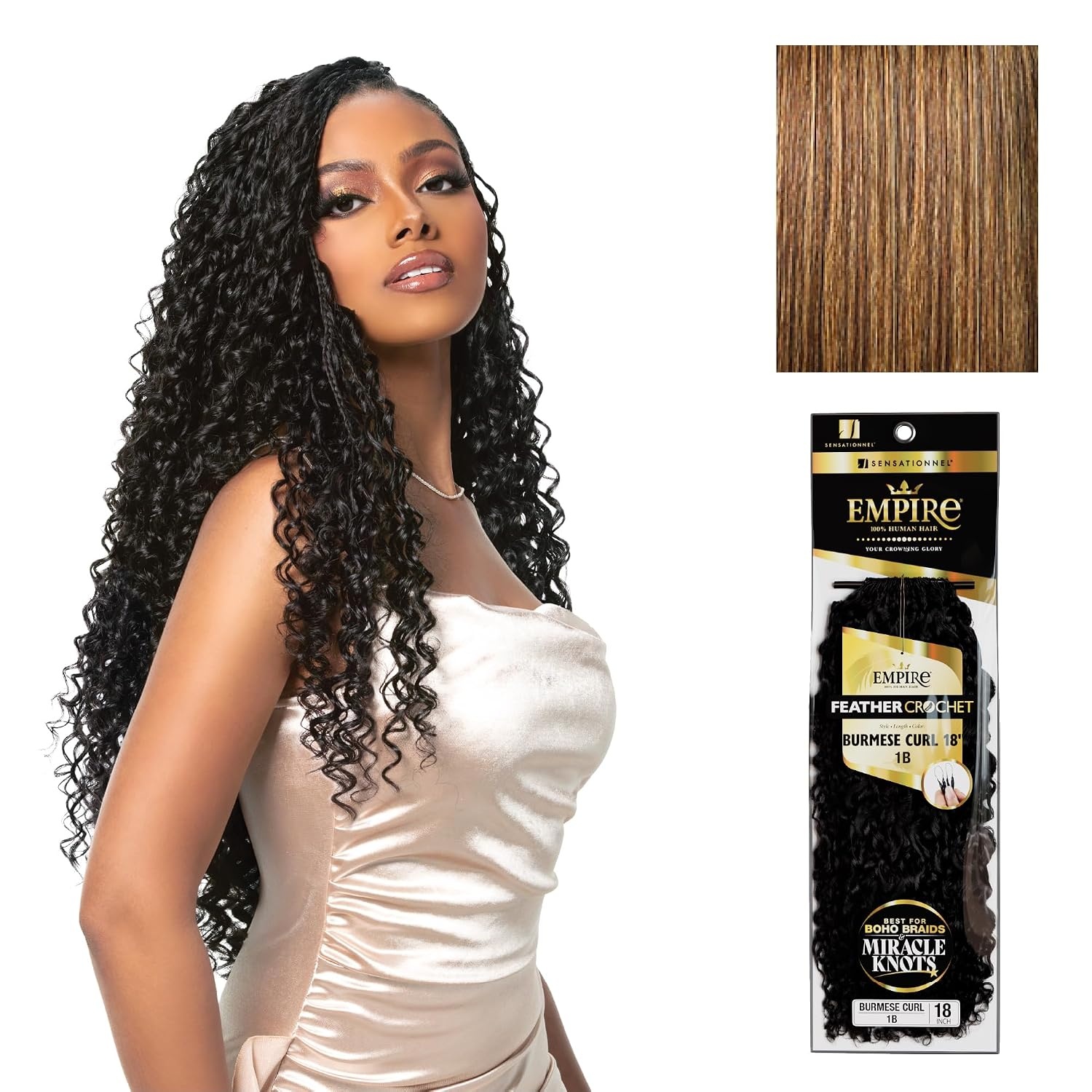 image:imageSensationnel Empire Feather Crochet Braiding Hair Burmese Curl Human Hair for Boho Braids and Miracle Knots Pre Separated 50 strands 10 inch 1 JETBLACKS427