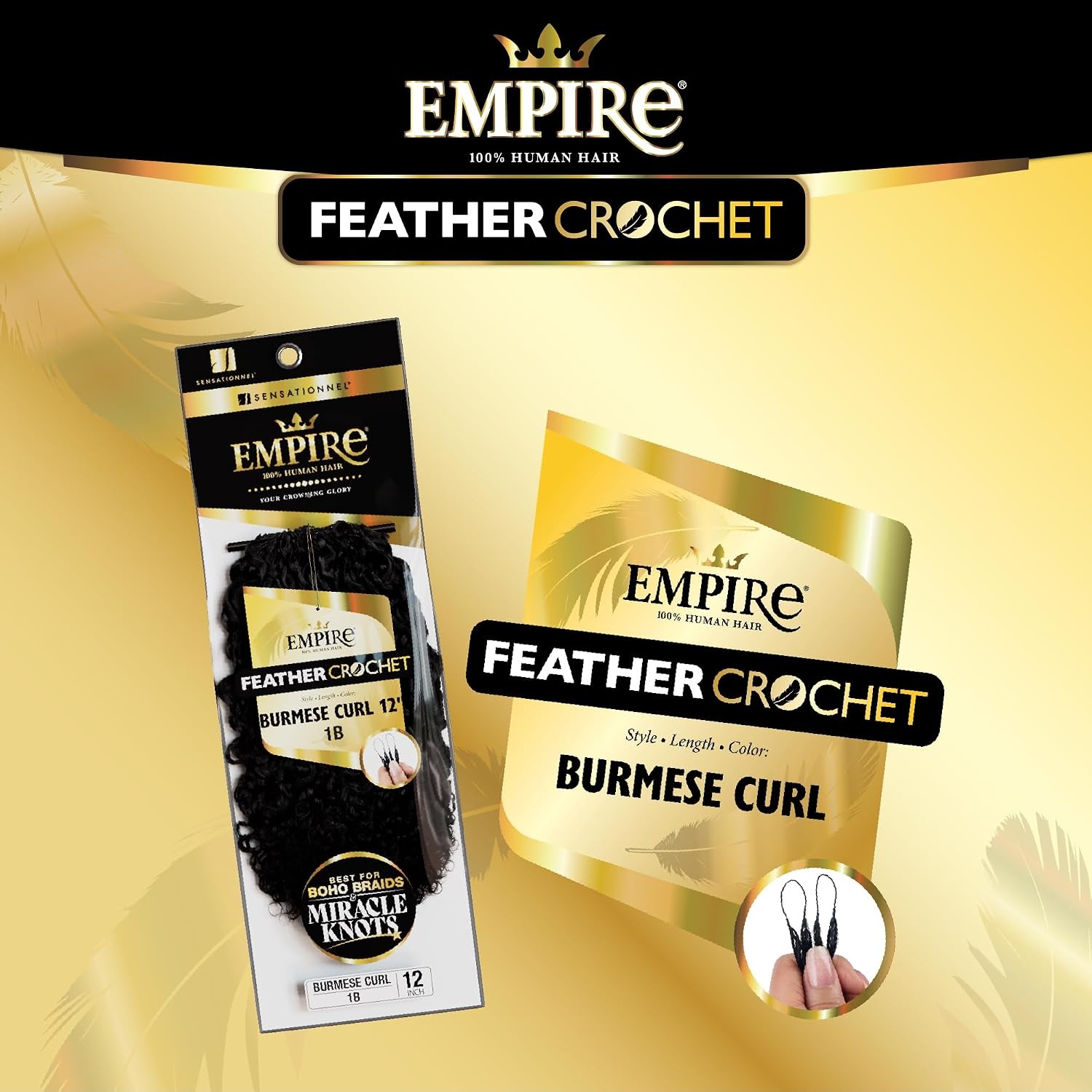 image:imageSensationnel Empire Feather Crochet Braiding Hair Burmese Curl Human Hair for Boho Braids and Miracle Knots Pre Separated 50 strands 10 inch 1 JETBLACK2 DARKBROWN