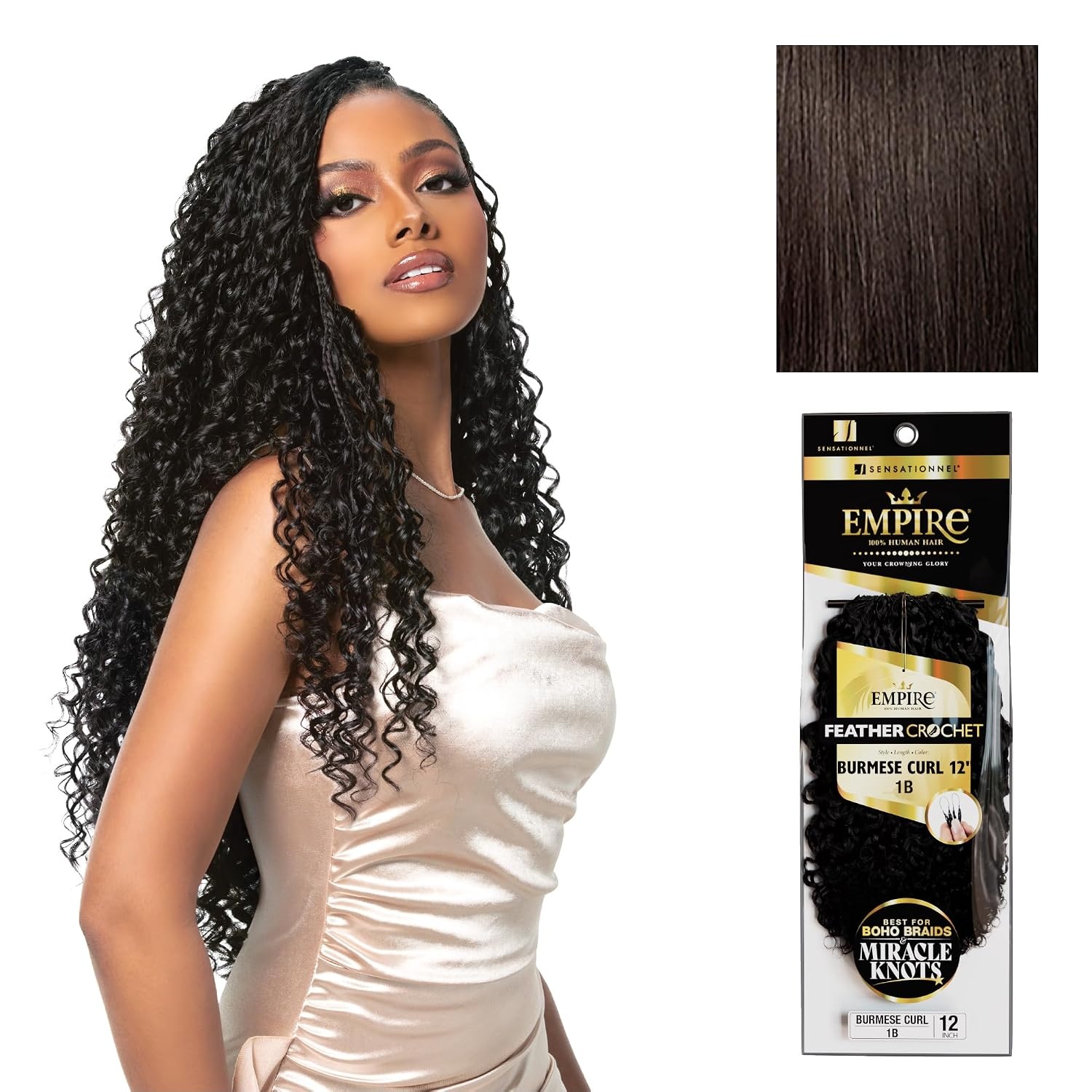 image:imageSensationnel Empire Feather Crochet Braiding Hair Burmese Curl Human Hair for Boho Braids and Miracle Knots Pre Separated 50 strands 10 inch 1 JETBLACK2 DARKBROWN