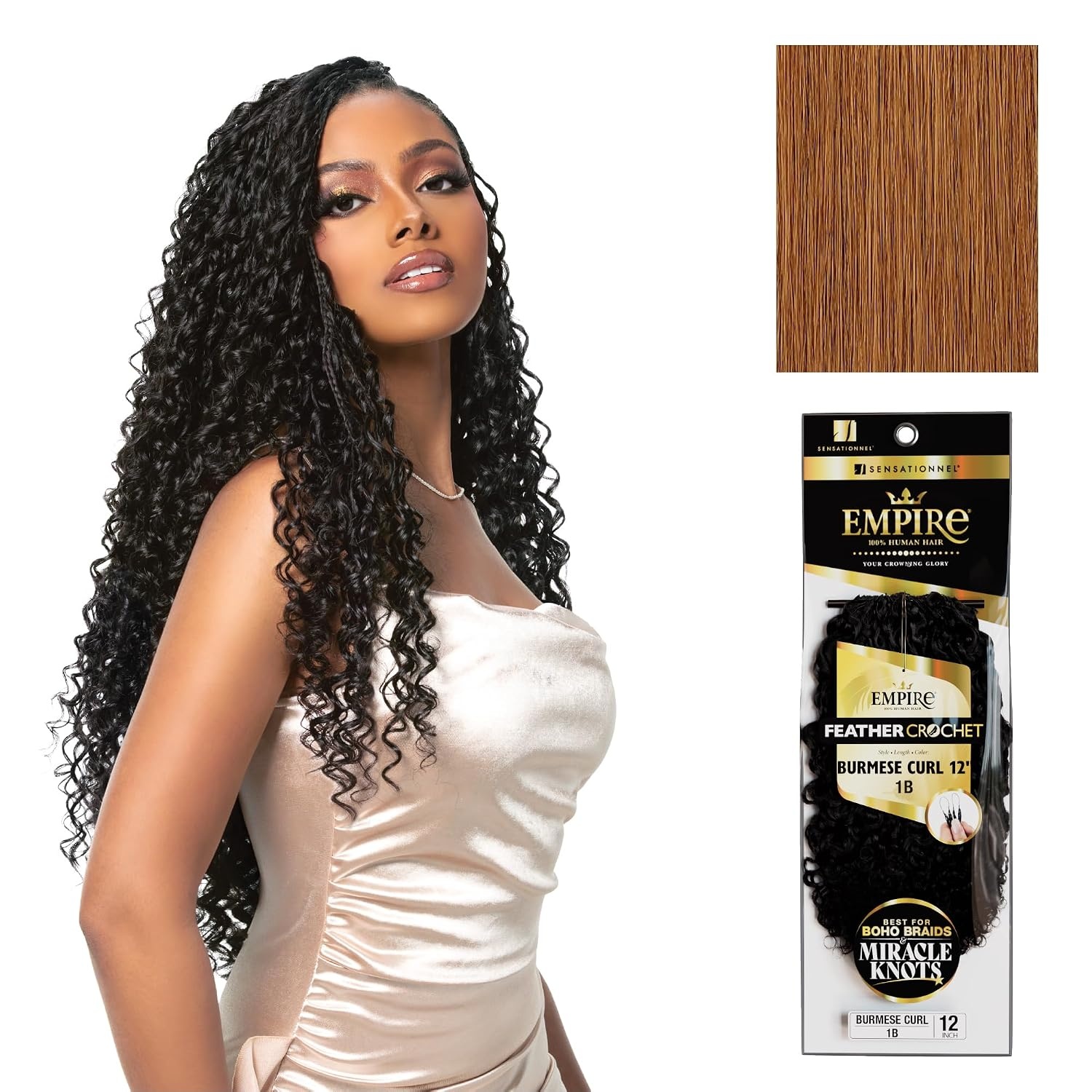 image:imageSensationnel Empire Feather Crochet Braiding Hair Burmese Curl Human Hair for Boho Braids and Miracle Knots Pre Separated 50 strands 10 inch 1 JETBLACK30 LIGHTAUBURN