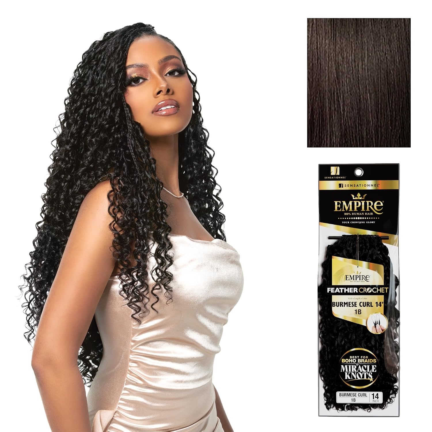 image:imageSensationnel Empire Feather Crochet Braiding Hair Burmese Curl Human Hair for Boho Braids and Miracle Knots Pre Separated 50 strands 10 inch 1 JETBLACK2 DARKBROWN