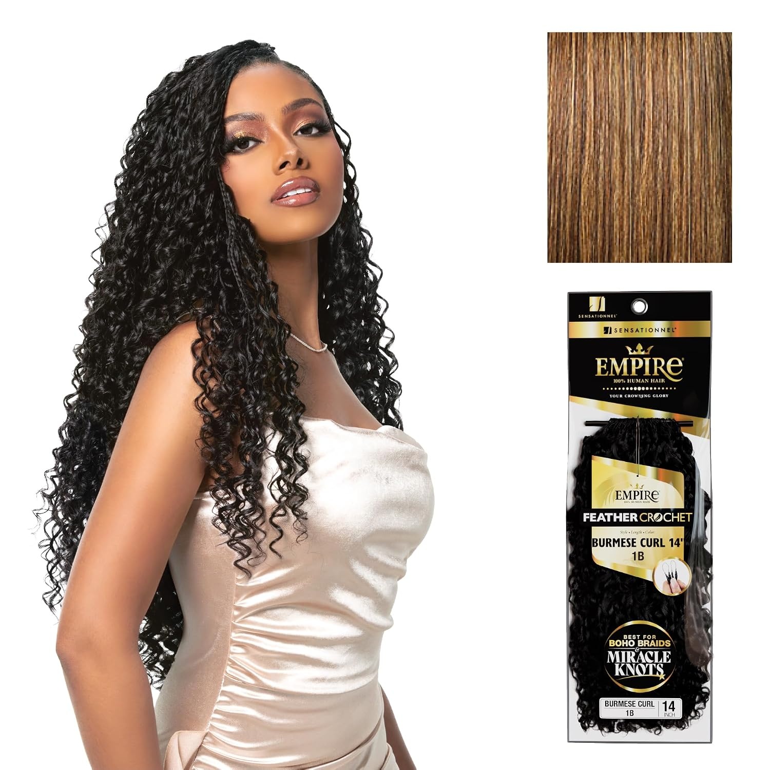 image:imageSensationnel Empire Feather Crochet Braiding Hair Burmese Curl Human Hair for Boho Braids and Miracle Knots Pre Separated 50 strands 10 inch 1 JETBLACKS427