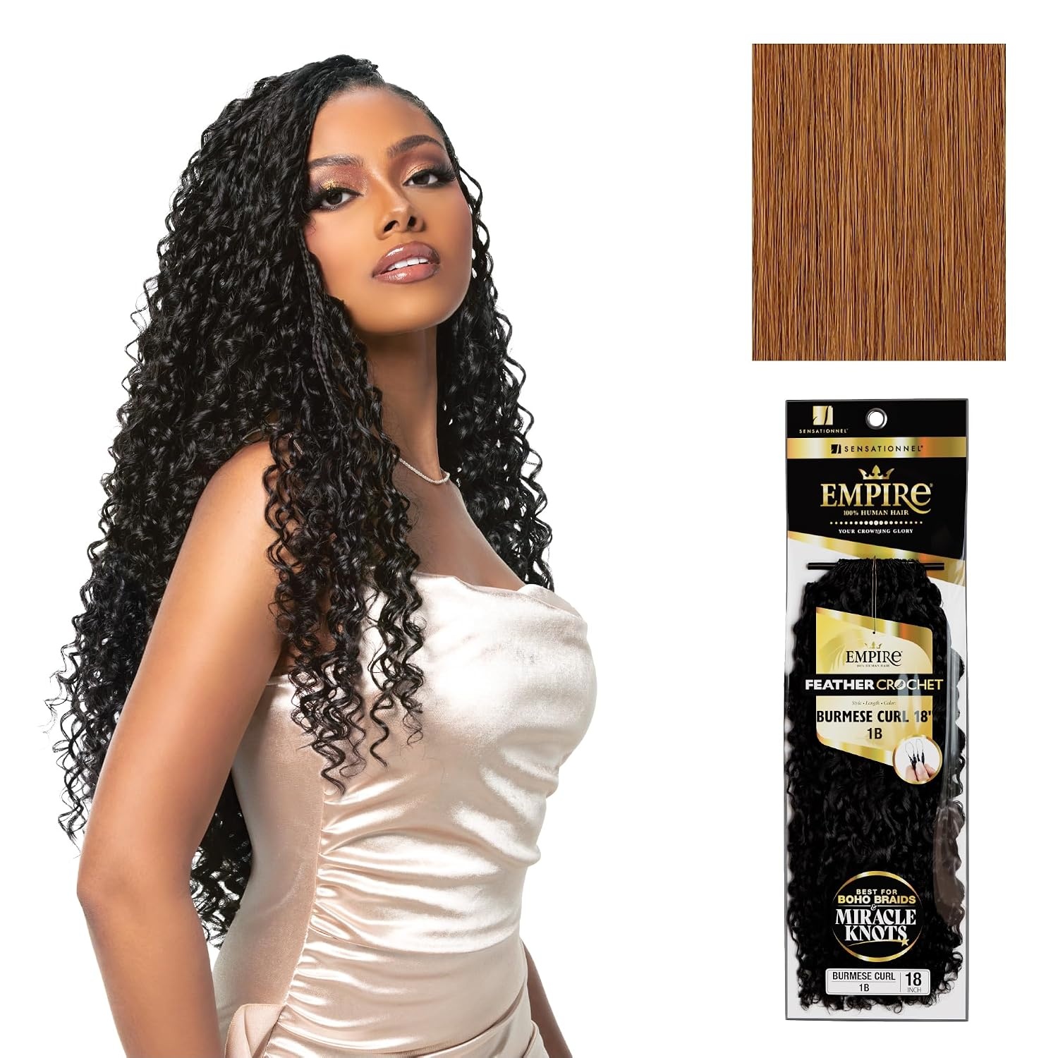 image:imageSensationnel Empire Feather Crochet Braiding Hair Burmese Curl Human Hair for Boho Braids and Miracle Knots Pre Separated 50 strands 10 inch 1 JETBLACK30 LIGHTAUBURN