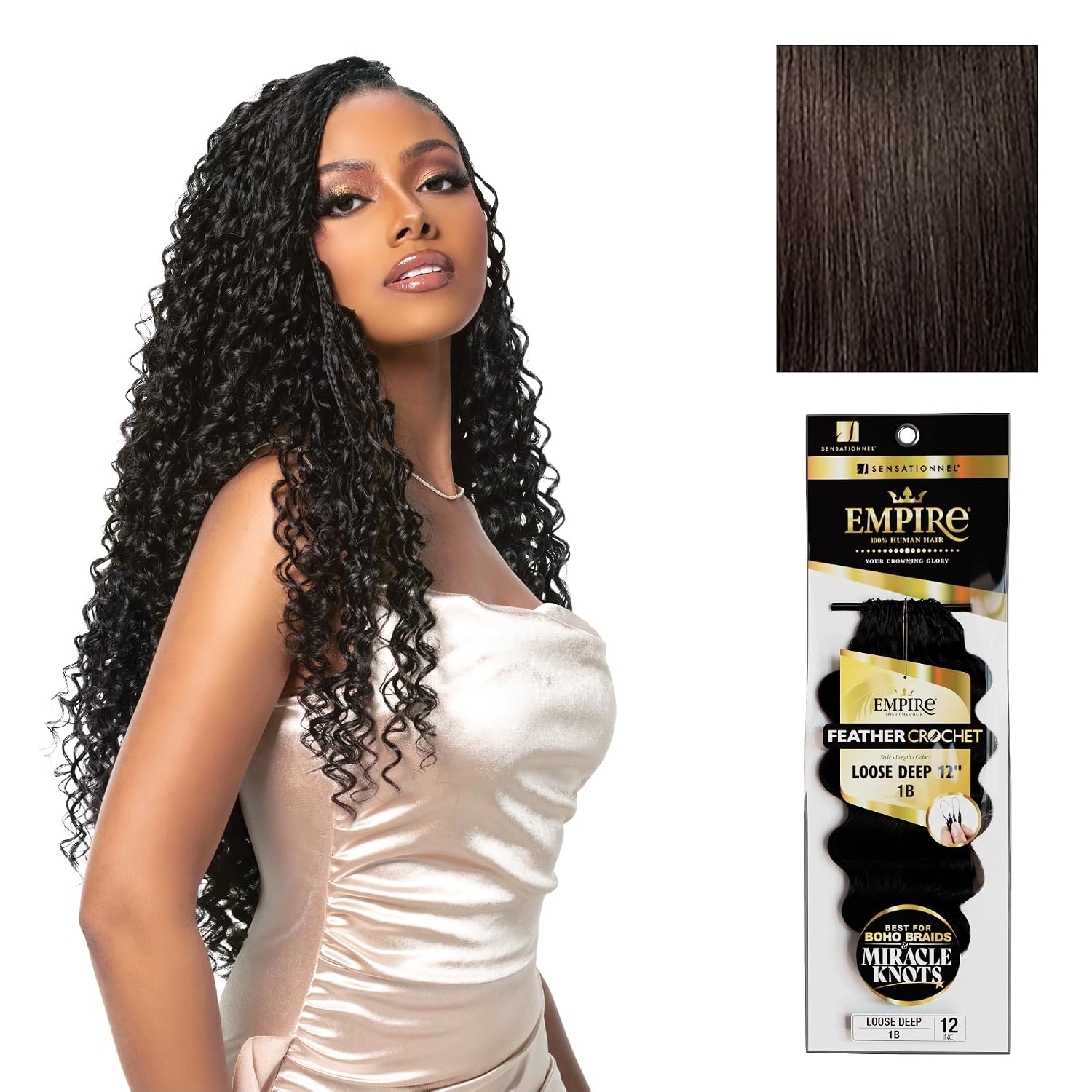image:imageSensationnel Empire Feather Crochet Braiding Hair Loose Deep Human Hair for Boho Braids and Miracle Knots Pre Separated 50 strands 10 inch 1 JETBLACK2 DARKBROWN