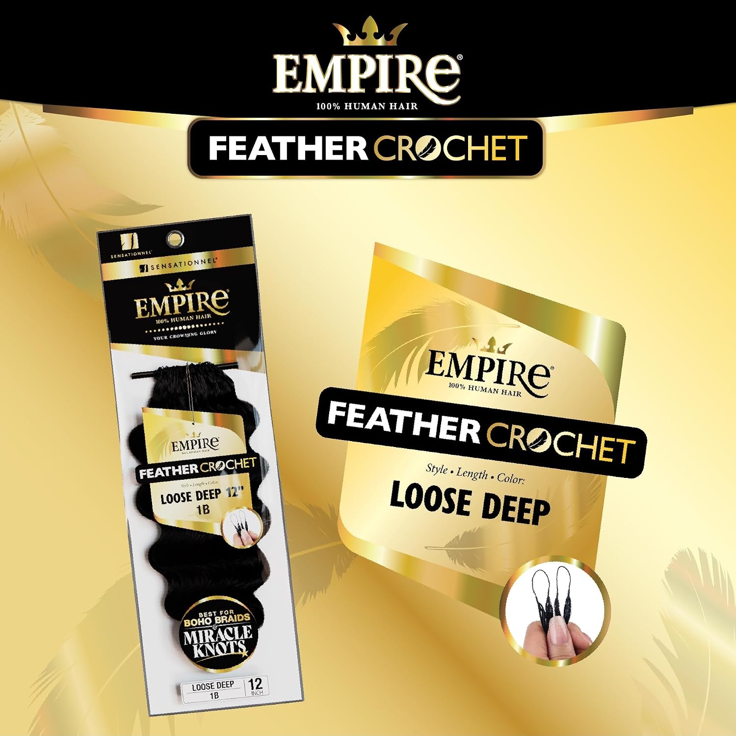 image:imageSensationnel Empire Feather Crochet Braiding Hair Loose Deep Human Hair for Boho Braids and Miracle Knots Pre Separated 50 strands 10 inch 1 JETBLACK1 JETBLACK