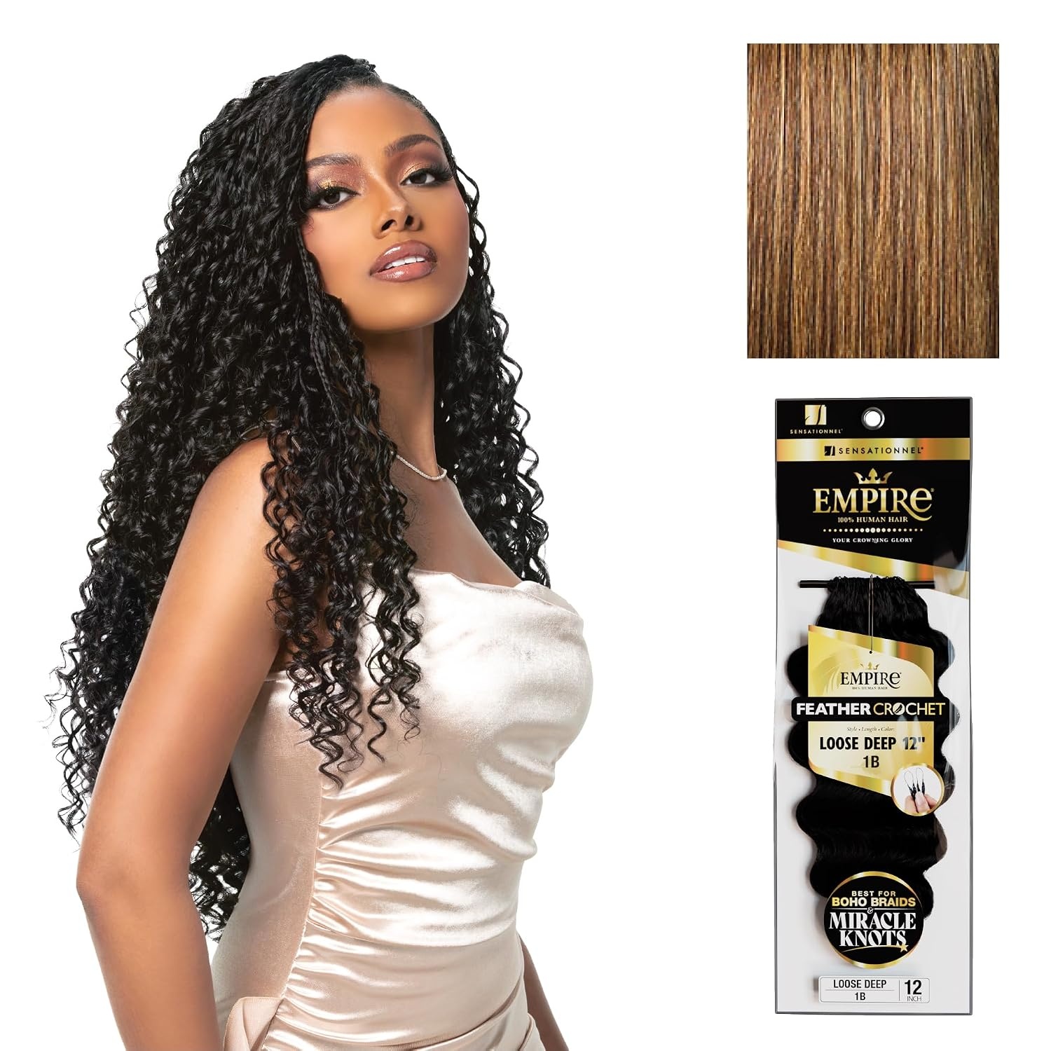 image:imageSensationnel Empire Feather Crochet Braiding Hair Loose Deep Human Hair for Boho Braids and Miracle Knots Pre Separated 50 strands 10 inch 1 JETBLACKS427