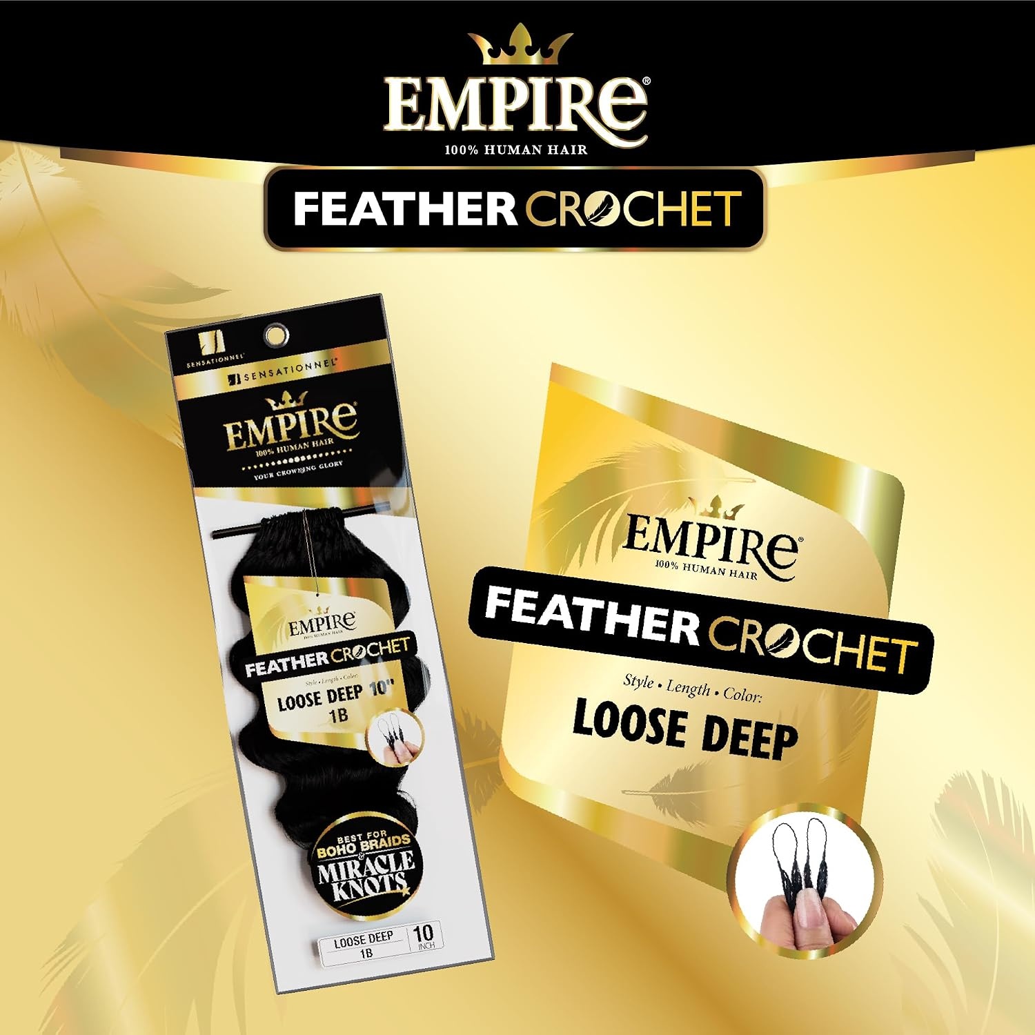 image:imageSensationnel Empire Feather Crochet Braiding Hair Loose Deep Human Hair for Boho Braids and Miracle Knots Pre Separated 50 strands 10 inch 1 JETBLACKS27613