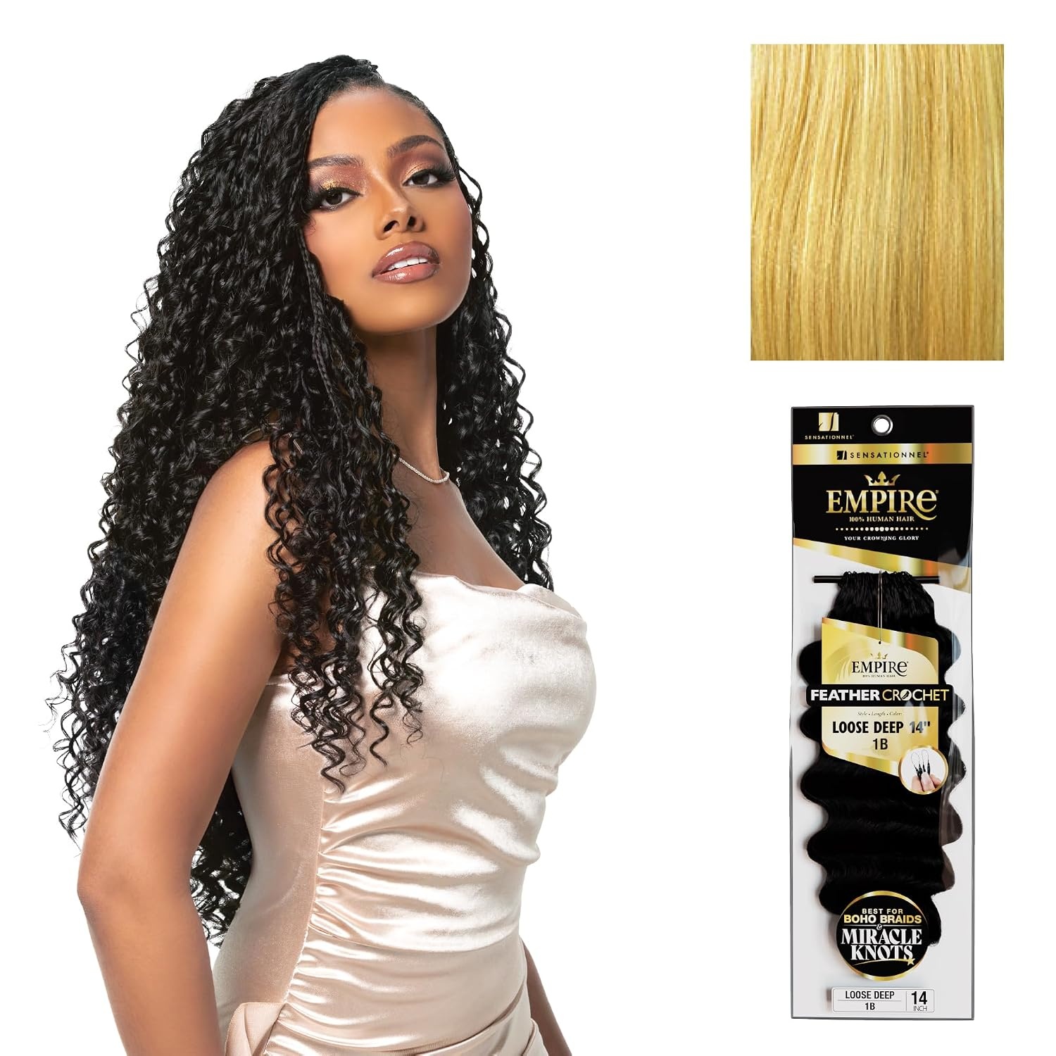 image:imageSensationnel Empire Feather Crochet Braiding Hair Loose Deep Human Hair for Boho Braids and Miracle Knots Pre Separated 50 strands 10 inch 1 JETBLACKS27613