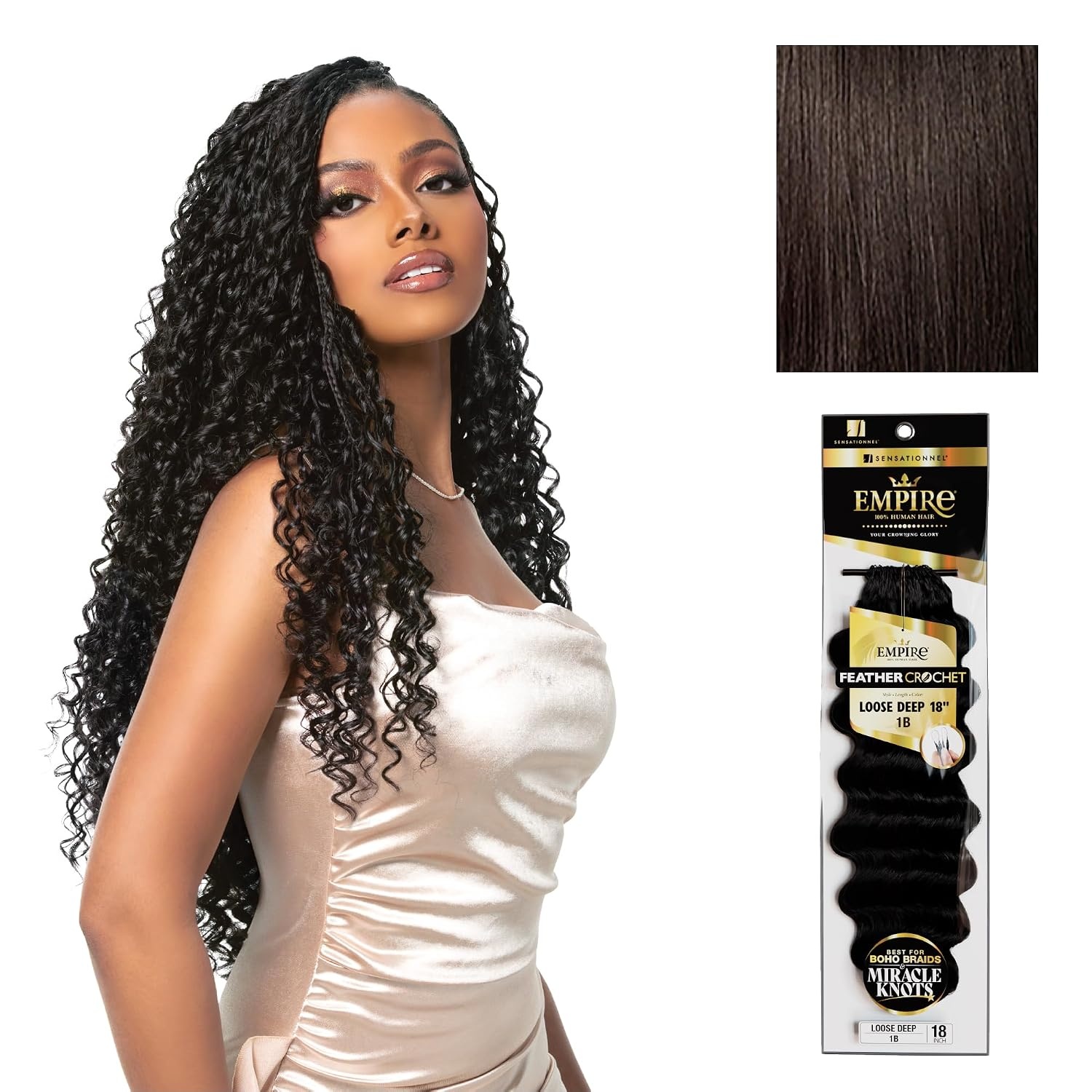 image:imageSensationnel Empire Feather Crochet Braiding Hair Loose Deep Human Hair for Boho Braids and Miracle Knots Pre Separated 50 strands 10 inch 1 JETBLACK2 DARKBROWN