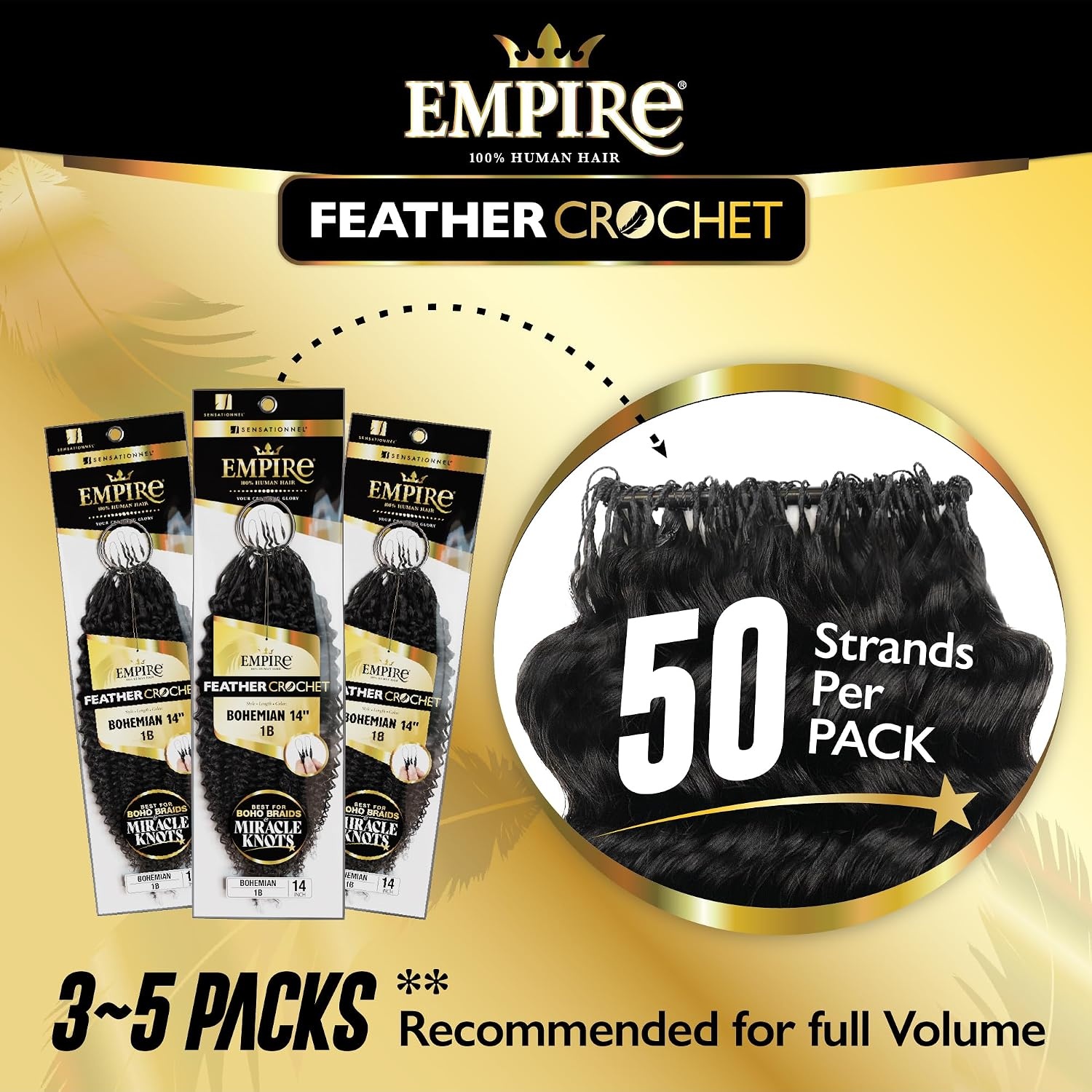 image:imageSensationnel Empire Feather Crochet Braiding Hair Loose Deep Human Hair for Boho Braids and Miracle Knots Pre Separated 50 strands 10 inch 1 JETBLACK1 JETBLACK