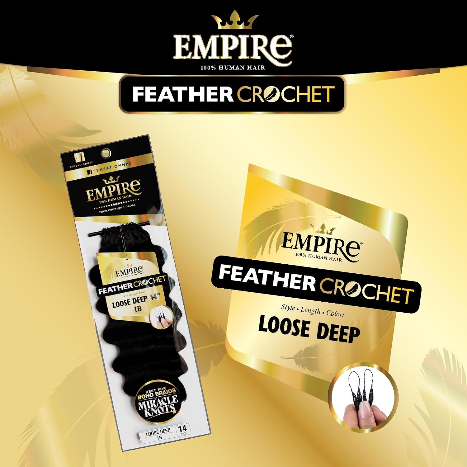 image:imageSensationnel Empire Feather Crochet Braiding Hair Loose Deep Human Hair for Boho Braids and Miracle Knots Pre Separated 50 strands 10 inch 1 JETBLACKS27613