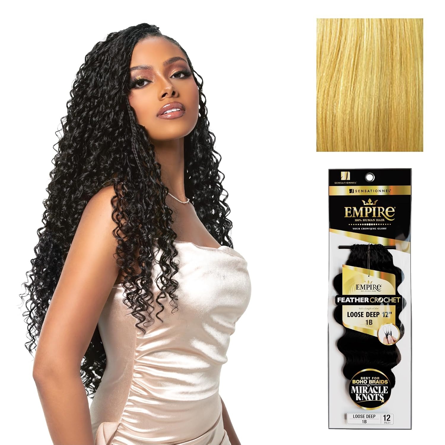 image:imageSensationnel Empire Feather Crochet Braiding Hair Loose Deep Human Hair for Boho Braids and Miracle Knots Pre Separated 50 strands 10 inch 1 JETBLACKS27613