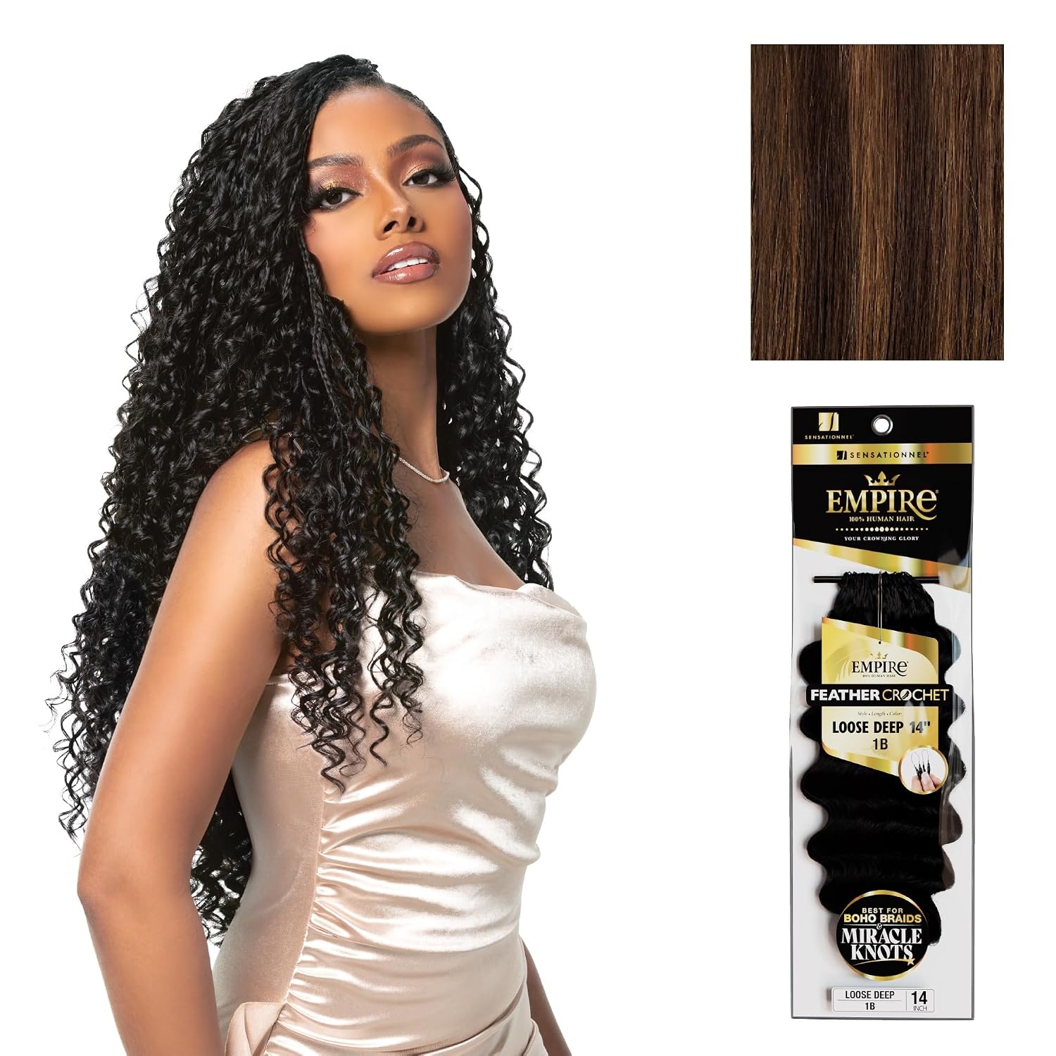 image:imageSensationnel Empire Feather Crochet Braiding Hair Loose Deep Human Hair for Boho Braids and Miracle Knots Pre Separated 50 strands 10 inch 1 JETBLACKS430