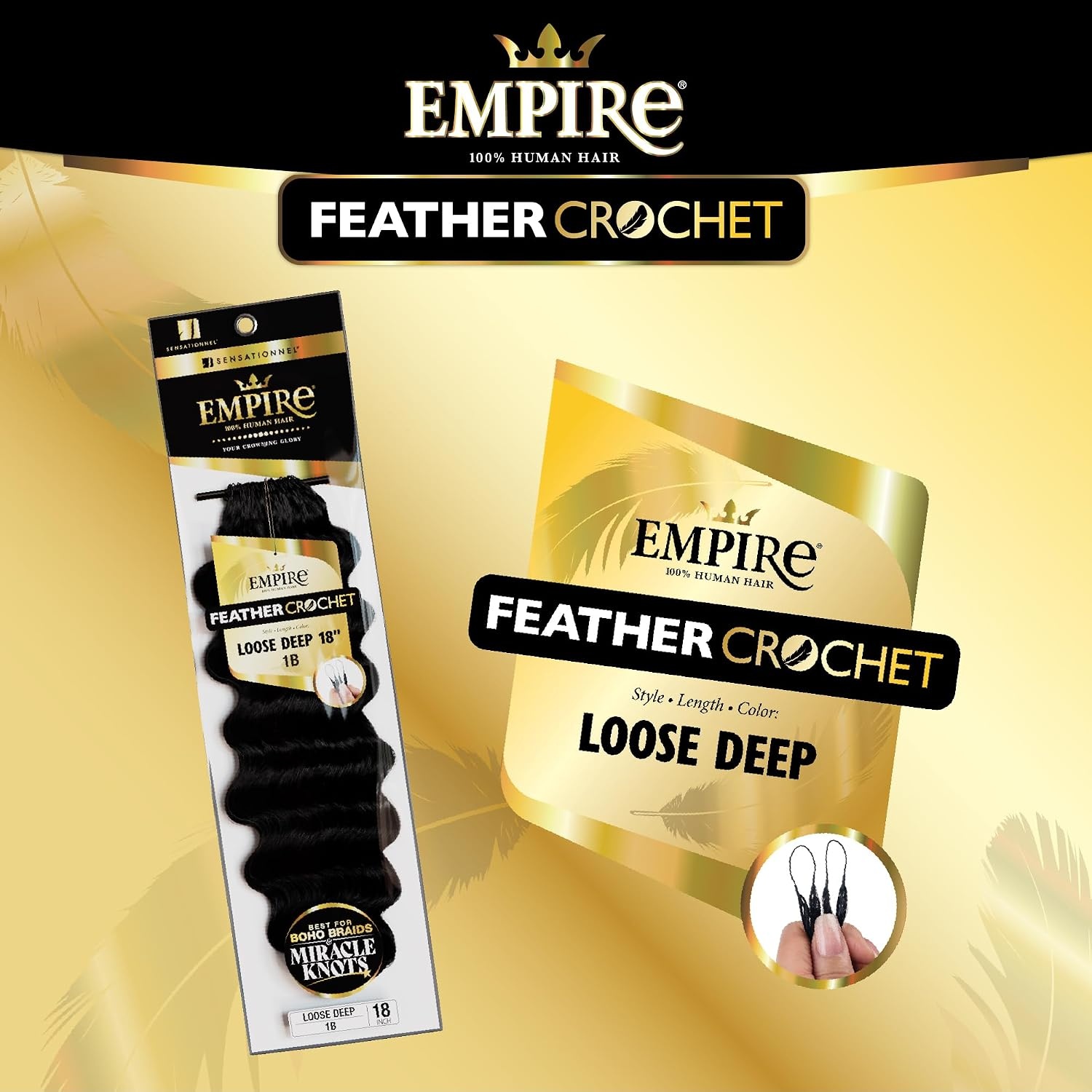 image:imageSensationnel Empire Feather Crochet Braiding Hair Loose Deep Human Hair for Boho Braids and Miracle Knots Pre Separated 50 strands 10 inch 1 JETBLACK1B OFFBLACK