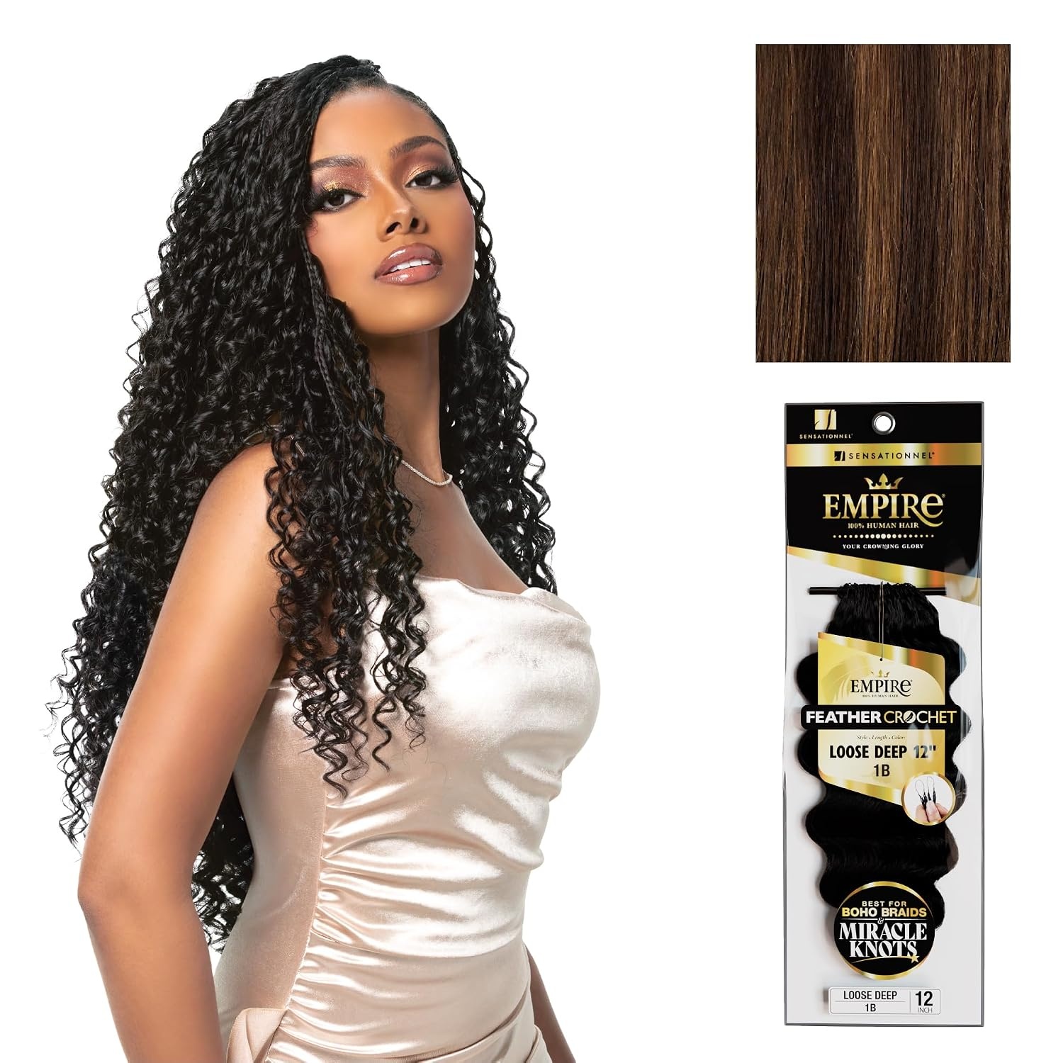 image:imageSensationnel Empire Feather Crochet Braiding Hair Loose Deep Human Hair for Boho Braids and Miracle Knots Pre Separated 50 strands 10 inch 1 JETBLACKS430