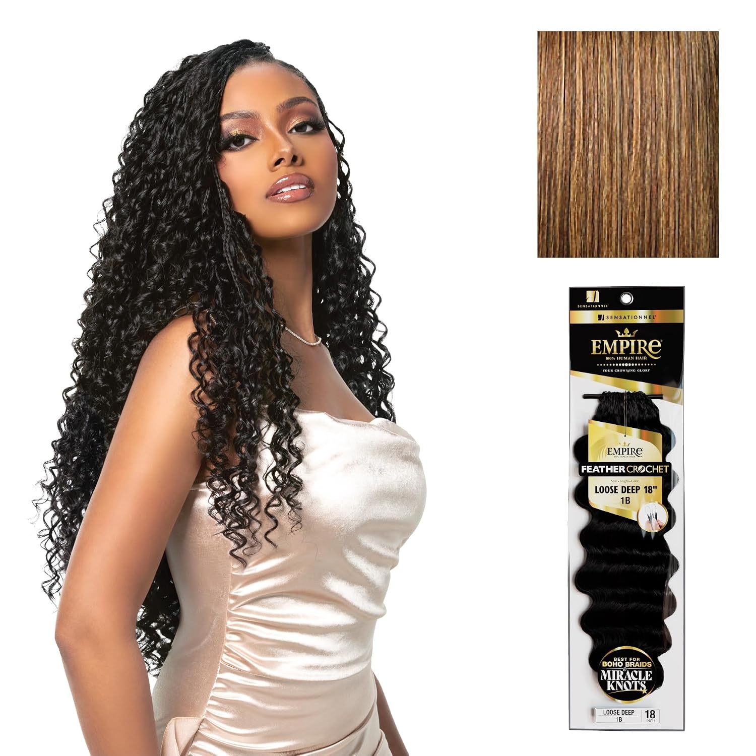 image:imageSensationnel Empire Feather Crochet Braiding Hair Loose Deep Human Hair for Boho Braids and Miracle Knots Pre Separated 50 strands 10 inch 1 JETBLACKS427