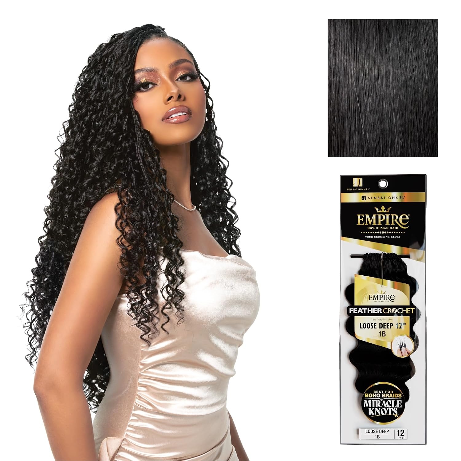 image:imageSensationnel Empire Feather Crochet Braiding Hair Loose Deep Human Hair for Boho Braids and Miracle Knots Pre Separated 50 strands 10 inch 1 JETBLACK1 JETBLACK