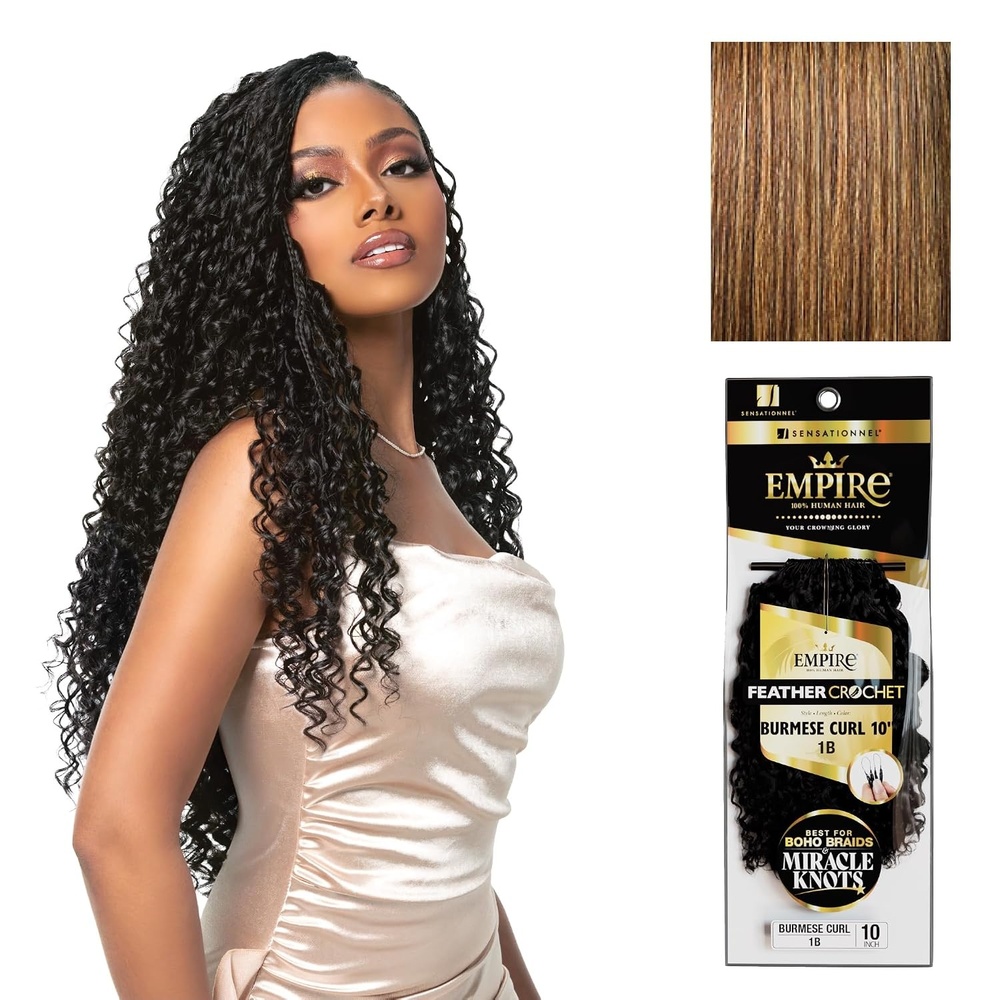 image:imageSensationnel Empire Feather Crochet Braiding Hair  Burmese Curl Human Hair for Boho Braids and Miracle Knots Pre Separated 50 strands 10 inch 1 JETBLACKS427