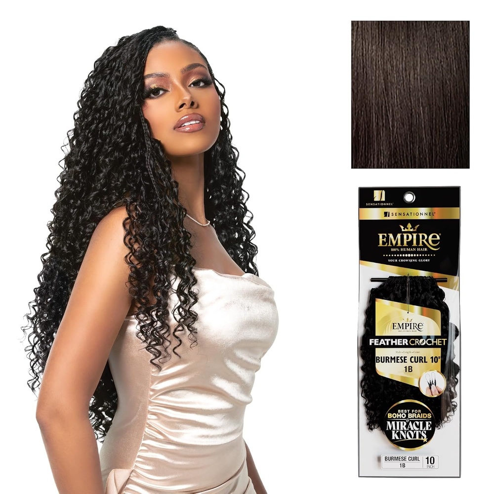 image:imageSensationnel Empire Feather Crochet Braiding Hair Burmese Curl Human Hair for Boho Braids and Miracle Knots Pre Separated 50 strands 10 inch 1 JETBLACK2 DARKBROWN