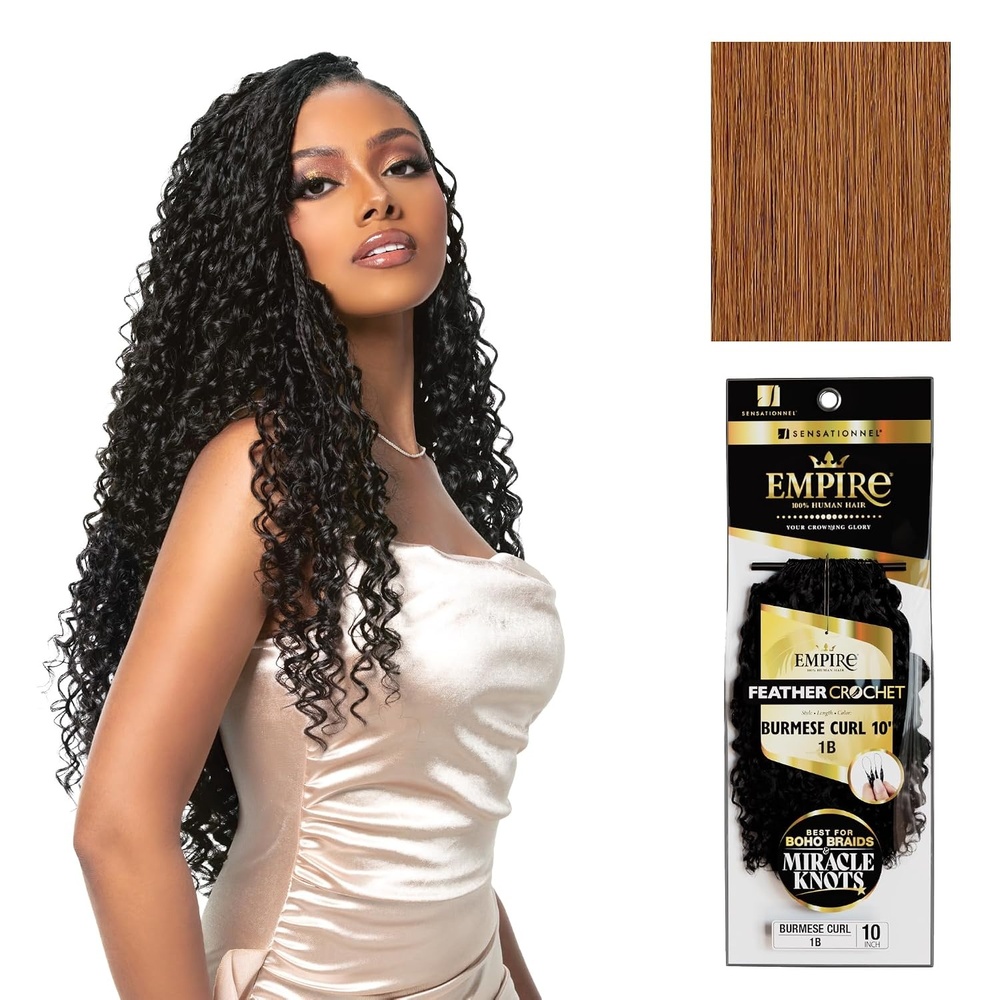 image:imageSensationnel Empire Feather Crochet Braiding Hair Burmese Curl Human Hair for Boho Braids and Miracle Knots Pre Separated 50 strands 10 inch 1 JETBLACK30 LIGHTAUBURN