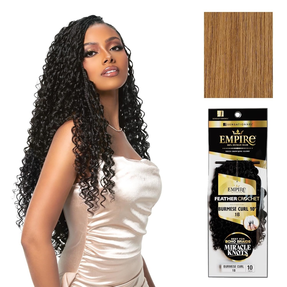 image:imageSensationnel Empire Feather Crochet Braiding Hair Burmese Curl Human Hair for Boho Braids and Miracle Knots Pre Separated 50 strands 10 inch 1 JETBLACK27 HONEYBLONDE