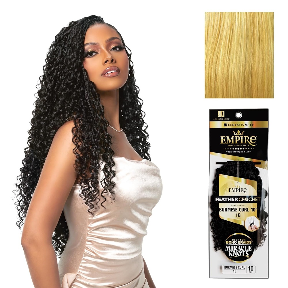 image:imageSensationnel Empire Feather Crochet Braiding Hair Burmese Curl Human Hair for Boho Braids and Miracle Knots Pre Separated 50 strands 10 inch 1 JETBLACKS27613
