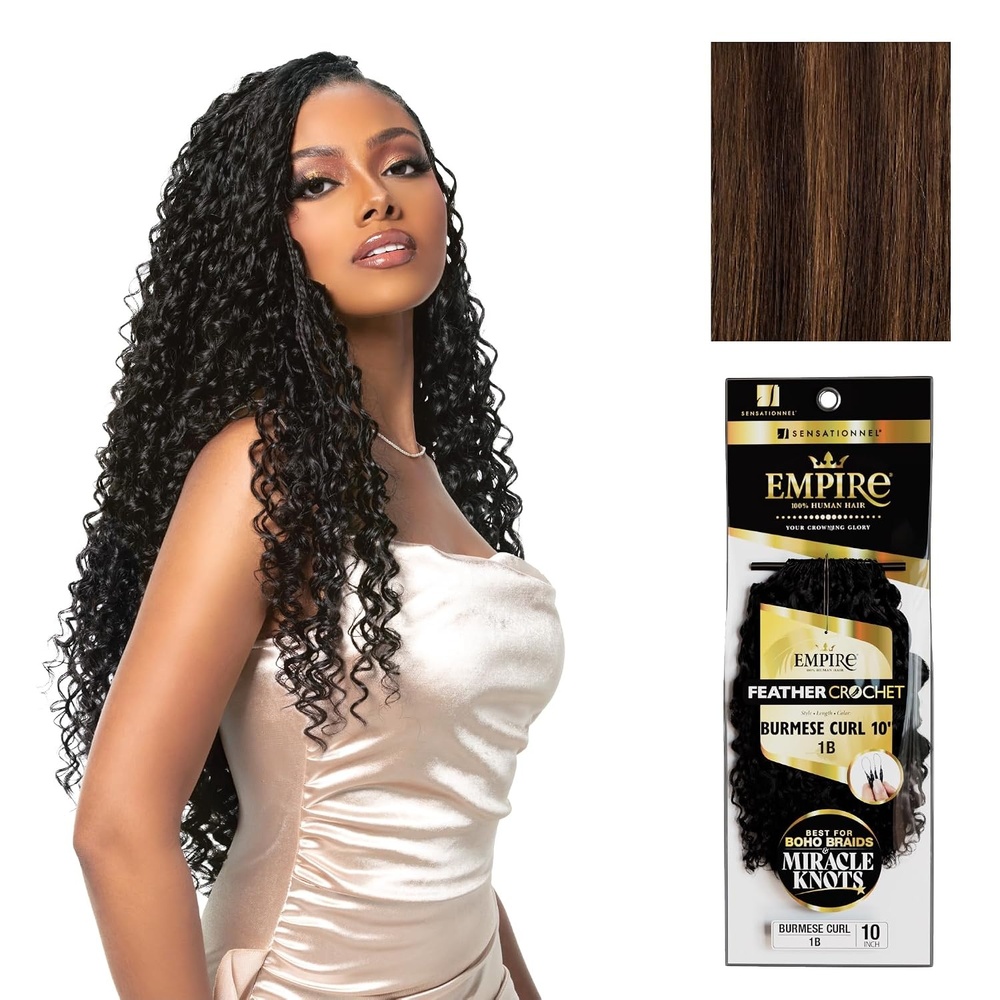 image:imageSensationnel Empire Feather Crochet Braiding Hair Burmese Curl Human Hair for Boho Braids and Miracle Knots Pre Separated 50 strands 10 inch 1 JETBLACKS430