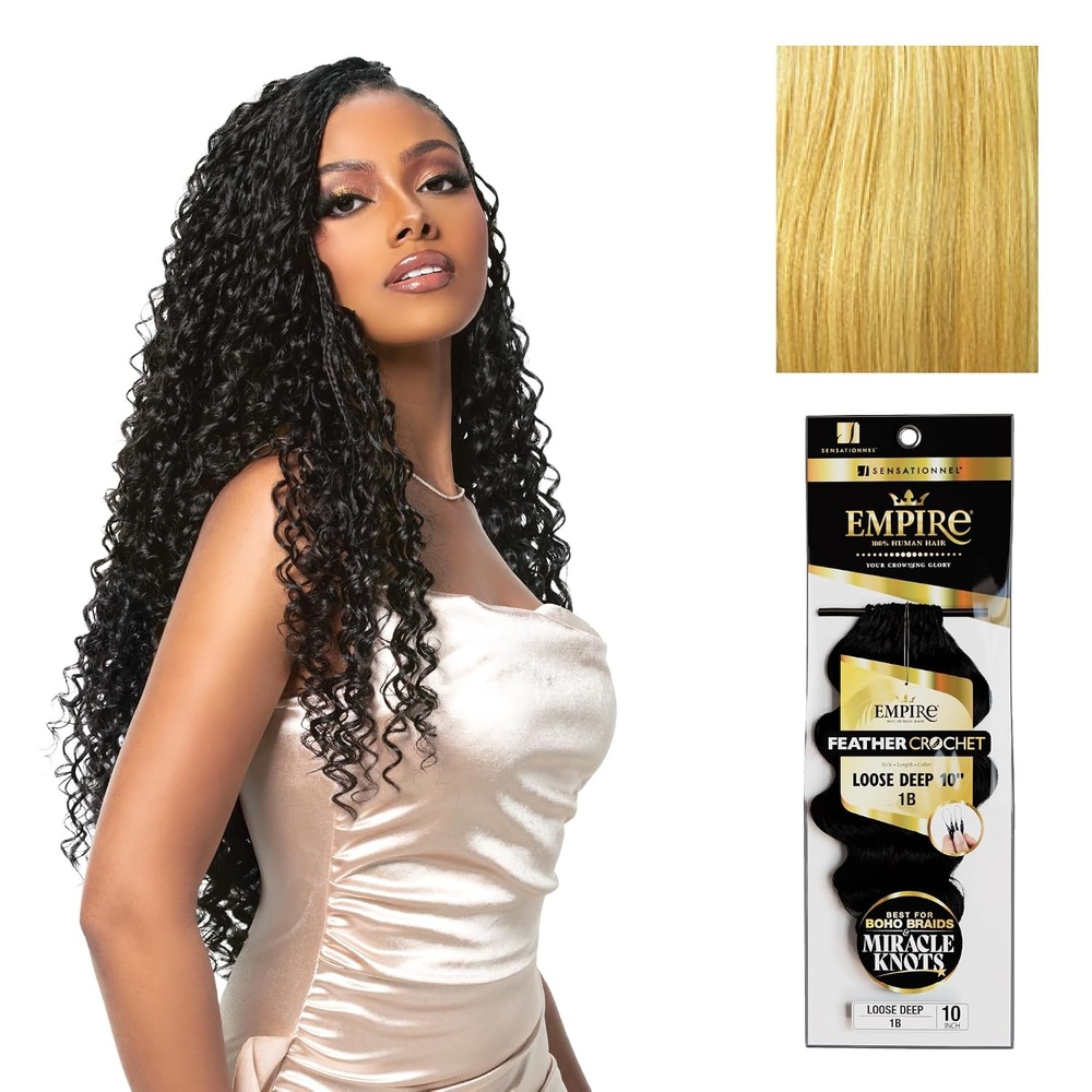 image:imageSensationnel Empire Feather Crochet Braiding Hair Loose Deep Human Hair for Boho Braids and Miracle Knots Pre Separated 50 strands 10 inch 1 JETBLACKS27613