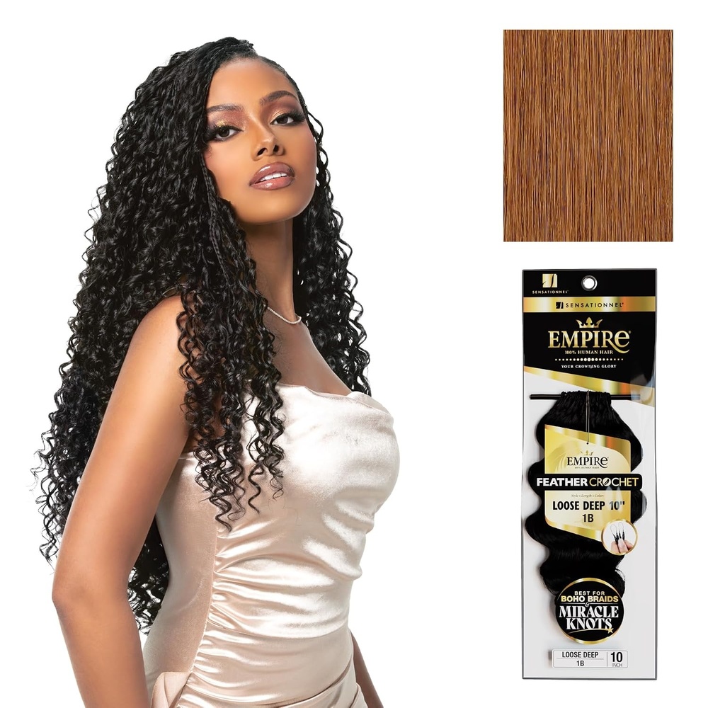 image:imageSensationnel Empire Feather Crochet Braiding Hair Loose Deep Human Hair for Boho Braids and Miracle Knots Pre Separated 50 strands 10 inch 1 JETBLACK30 LIGHTAUBURN