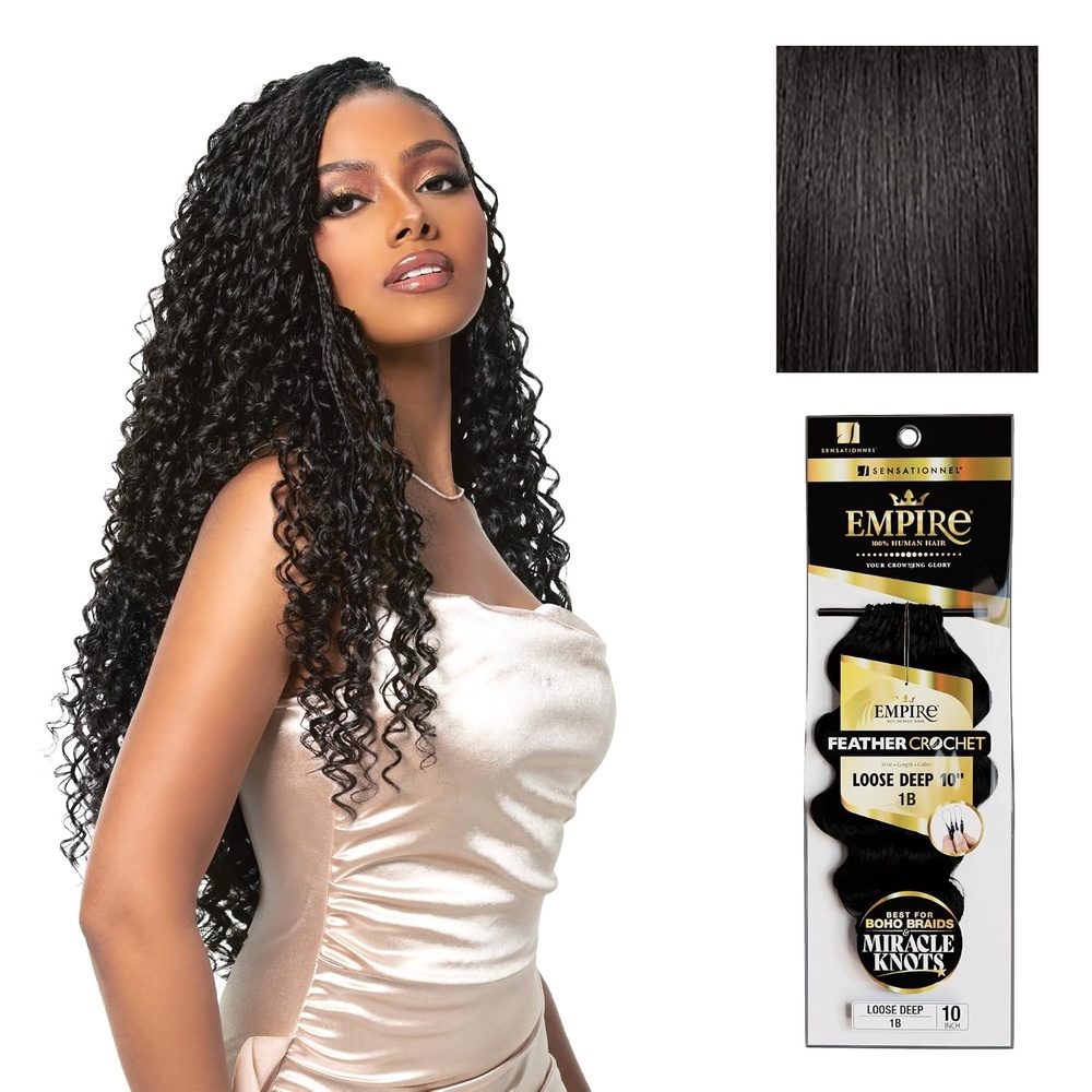image:imageSensationnel Empire Feather Crochet Braiding Hair Loose Deep Human Hair for Boho Braids and Miracle Knots Pre Separated 50 strands 10 inch 1 JETBLACK1B OFFBLACK