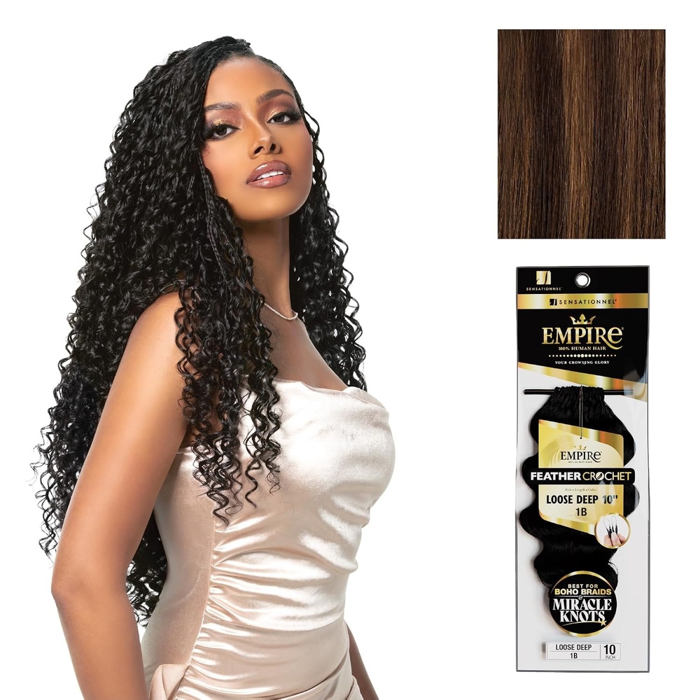 image:imageSensationnel Empire Feather Crochet Braiding Hair Loose Deep Human Hair for Boho Braids and Miracle Knots Pre Separated 50 strands 10 inch 1 JETBLACKS430