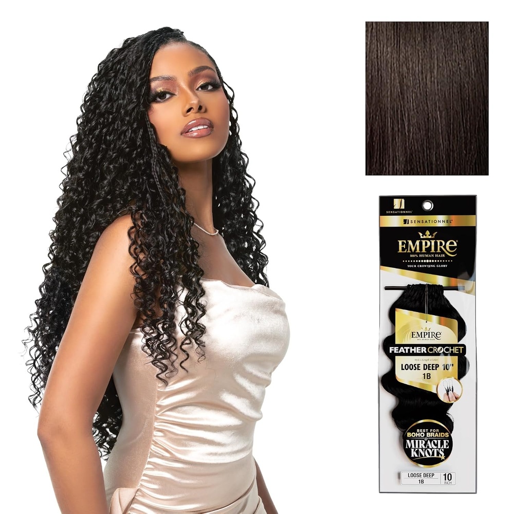 image:imageSensationnel Empire Feather Crochet Braiding Hair  Loose Deep Human Hair for Boho Braids and Miracle Knots Pre Separated 50 strands 10 inch 1 JETBLACK2 DARKBROWN