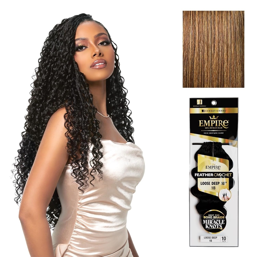 image:imageSensationnel Empire Feather Crochet Braiding Hair Loose Deep Human Hair for Boho Braids and Miracle Knots Pre Separated 50 strands 10 inch 1 JETBLACKS427