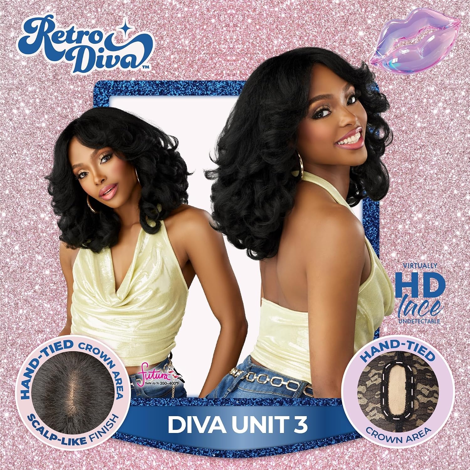 image:imageSensationnel Glamora Lace Crown Wig Retro Diva Unit 3 Hand Tied CrownArea Curved Ear Contour Synthetic Hair 1 JETBLACKPLATINUMFLASH